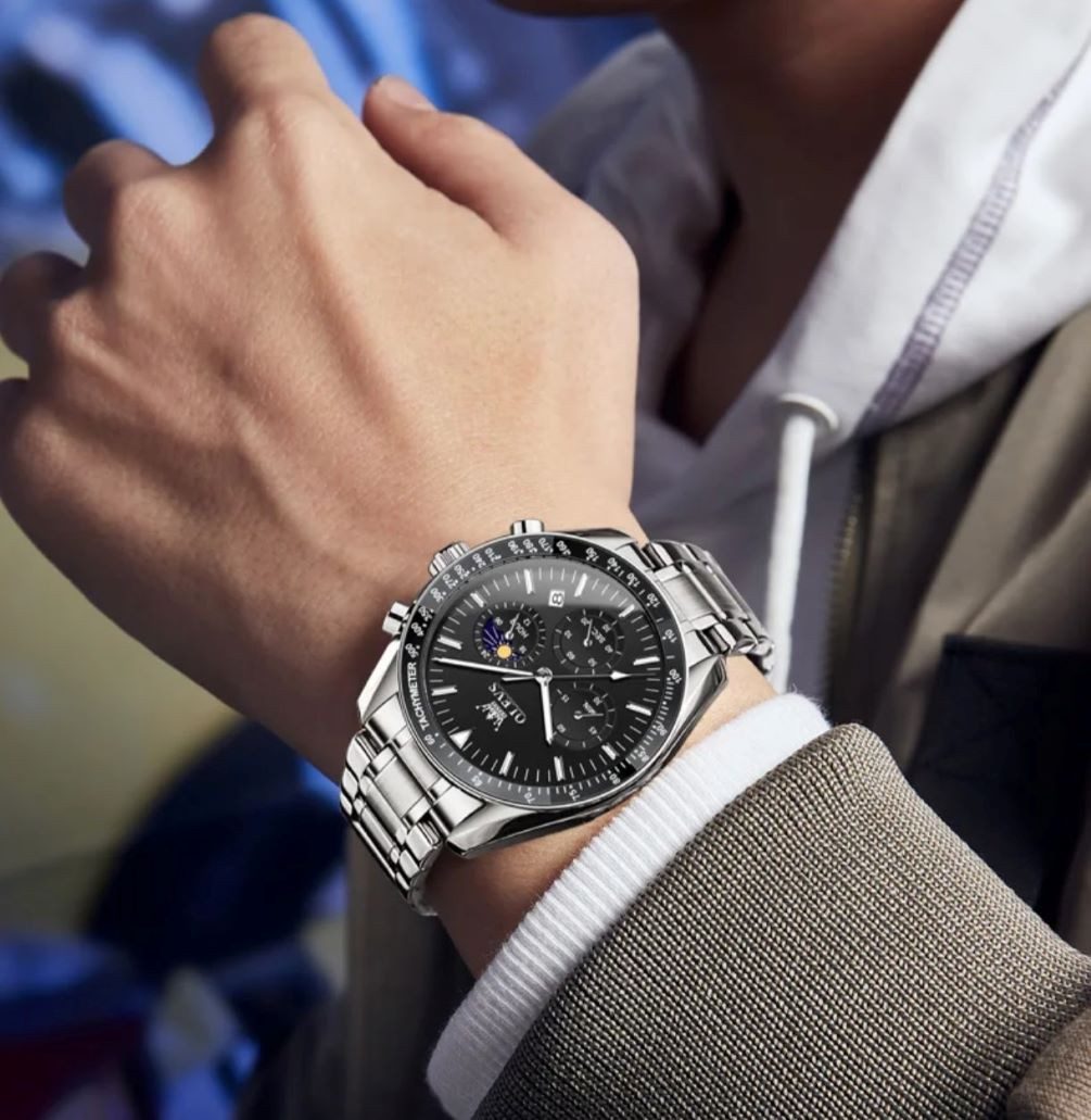 OLEVS Quarzuhr Herren Olevs-Armbanduhr – Chronograph, Edelstahl, Schwarze Zifferblatt