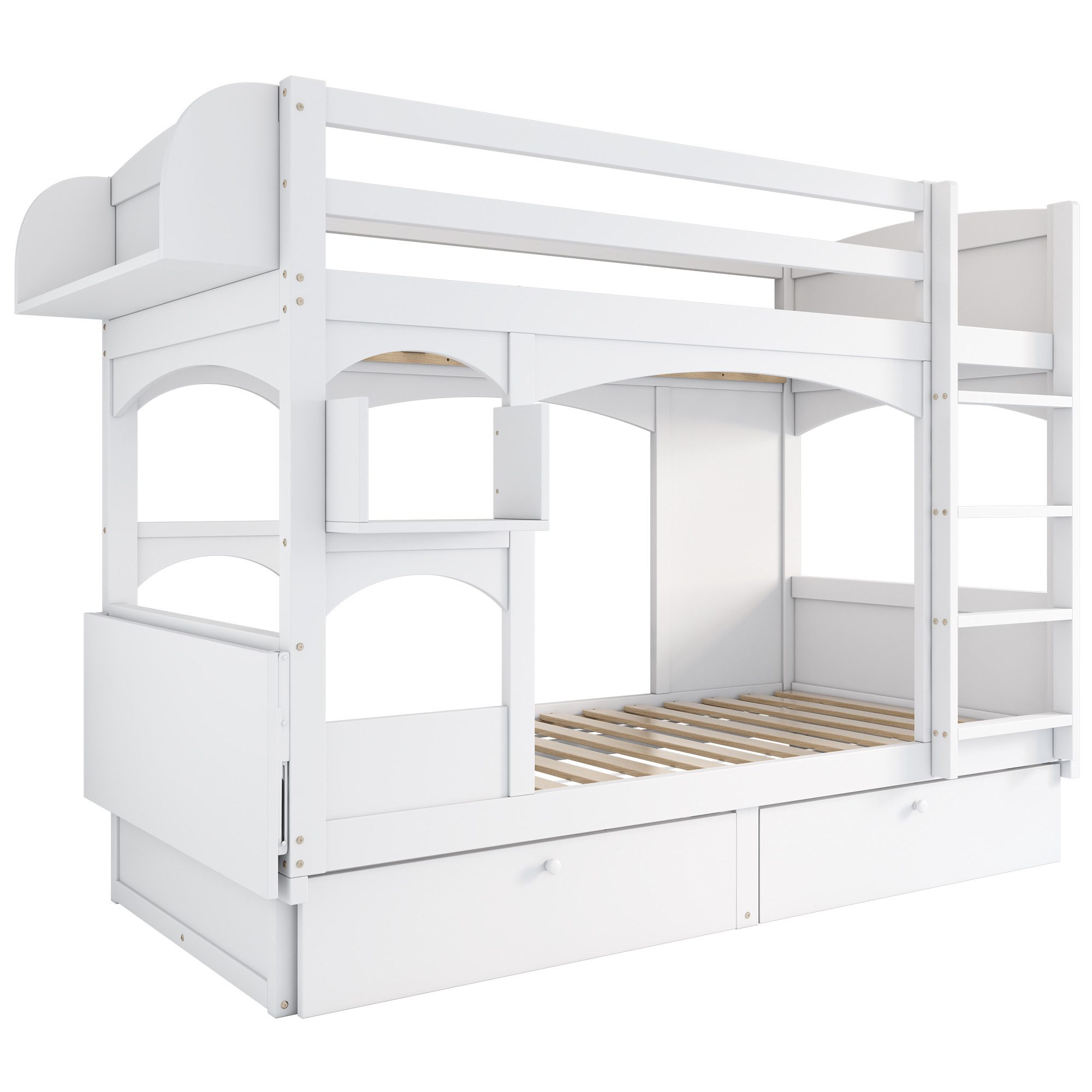 Flieks bunk bed, children's bed with fold-down desk, shelf, 2 drawers 90x200cm