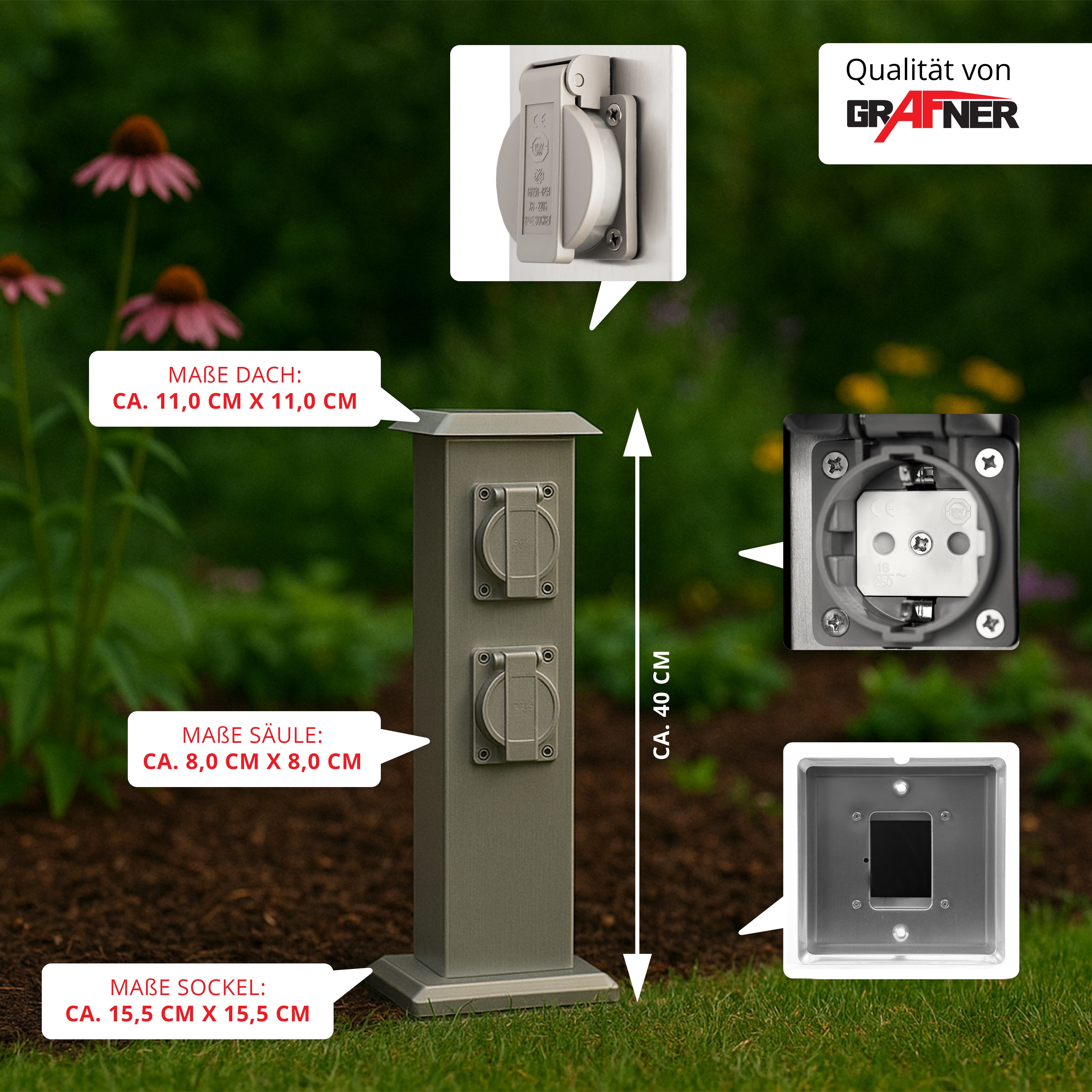Grafner Gartensteckdose Steckdosensäule mit 4 Außensteckdosen Edelstahl Gartensteckdose, Stck, 1-St., 1, Höhe: ca. 40 cm, Witterungsbeständig