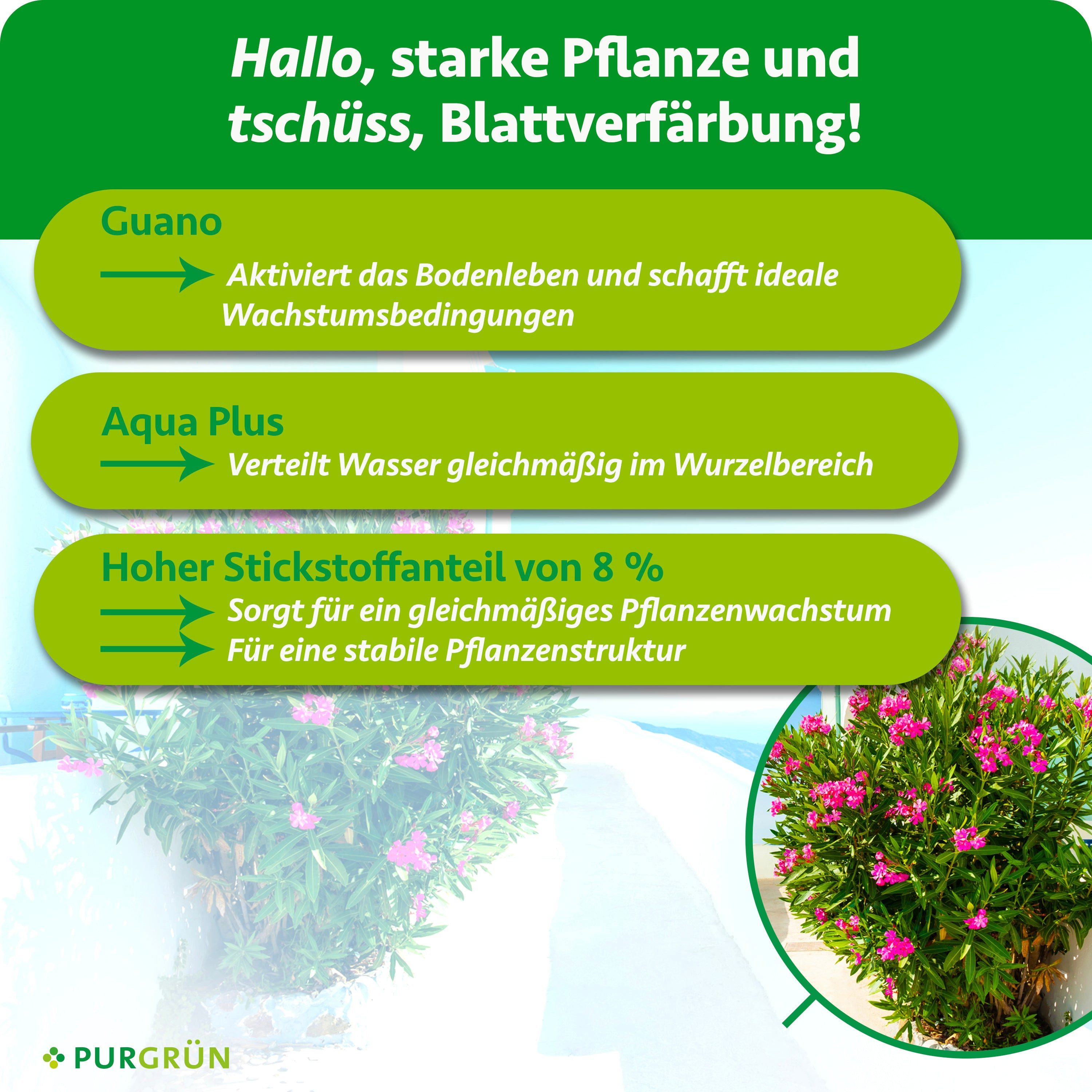Purgrün Universaldünger Mediterran Dünger, NPK 8+8+6, für Blütenpracht, mit Guano, 1L, Flüssigdünger, 1-St., 1 Liter, Fördert die Wasseraufnahme mit Aqua Plus
