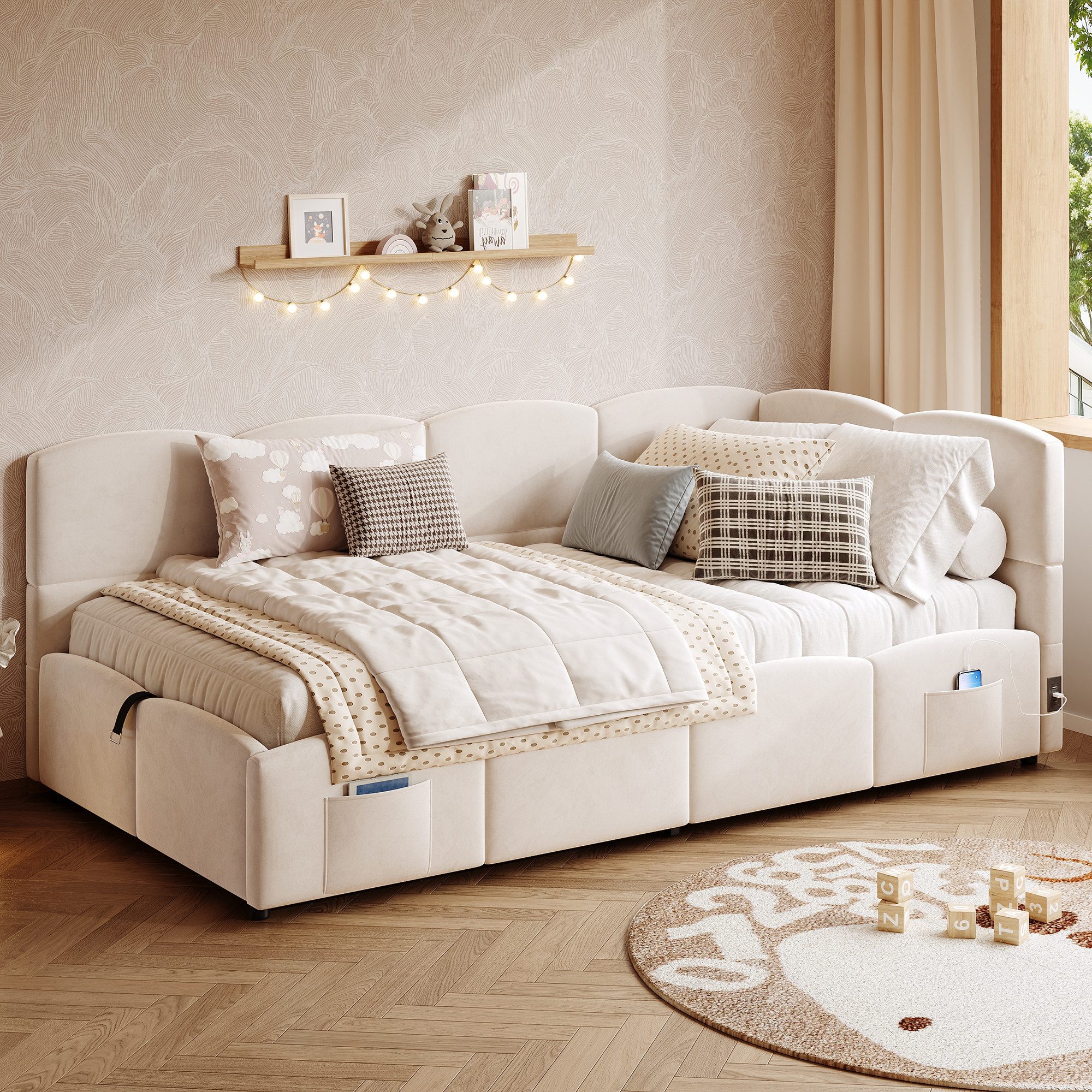 MODFU Polsterbett Schlafsofa multifunktionales Bettsofa (Einzelbett, Stauraumbett, Gästebett, 2-tlg., 90x200 cm, ohne Matratze), mit hydraulischem Stauraum und Ladefunktion