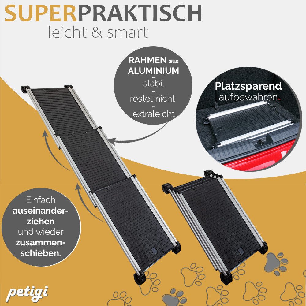 Petigi Hunderampe Teleskop Hunderampe Ausziehbar Aluminium Hunde Rampe rutschfest 90 kg
