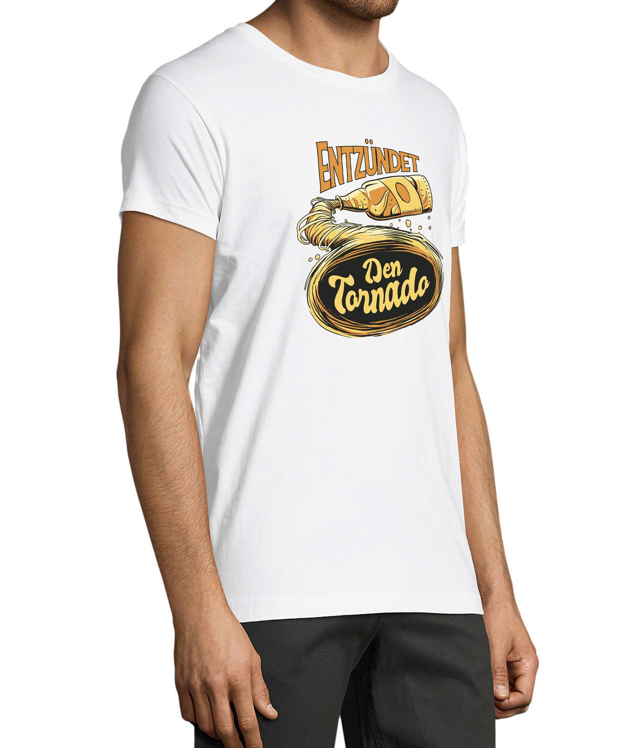 MyDesign24 T-Shirt Herren mit Entzündet Baumwollshirt - Fun Print i302 weiss Shirt den Aufdruck Fit, Regular Trinkshirt Oktoberfest Tornado