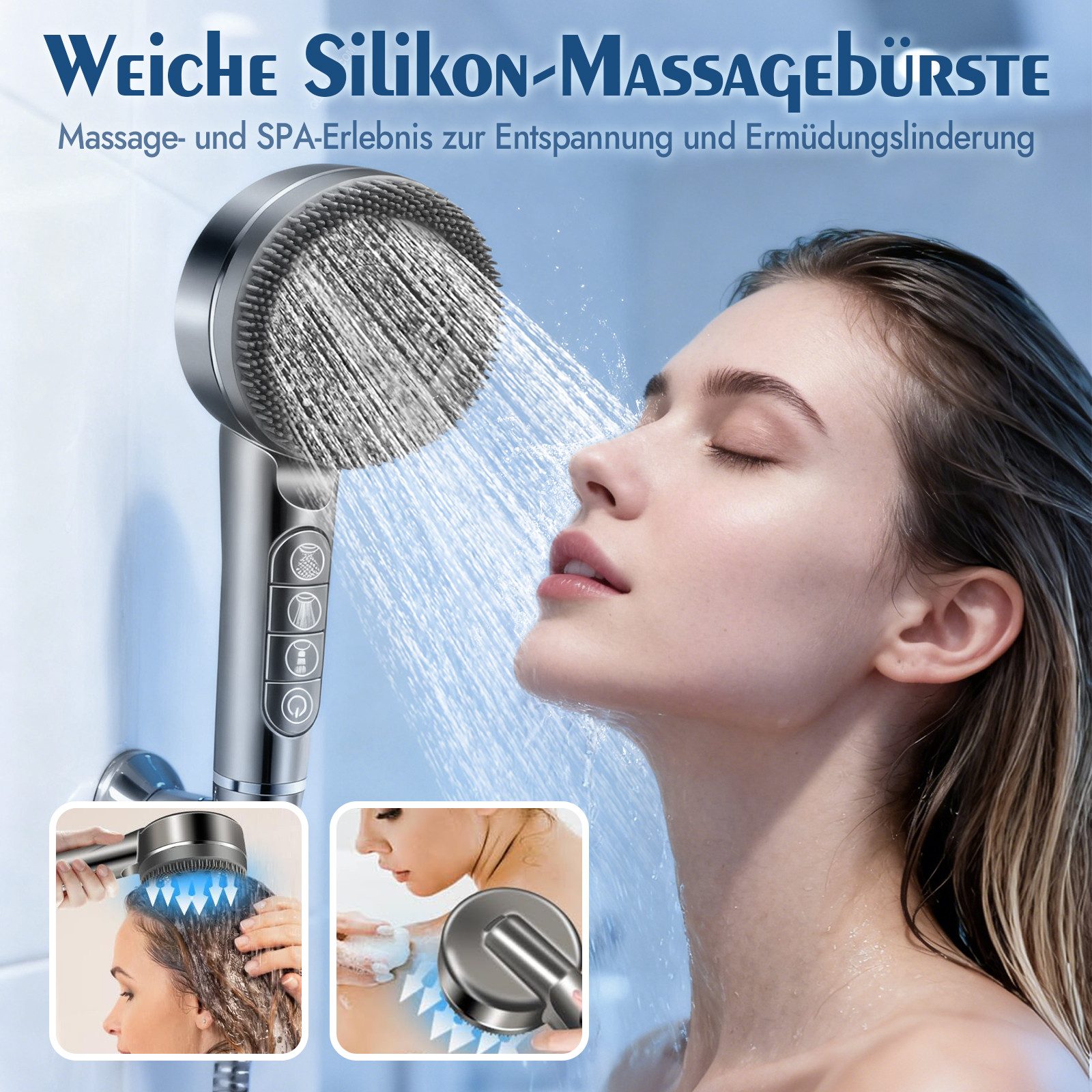 ANYSUN Handbrause Duschkopf mit Schlauch, Filter und Halterung ohne bohren, Wassersparender Handbrause Hochdruck, Duschkopf mit 4 Strahlarten
