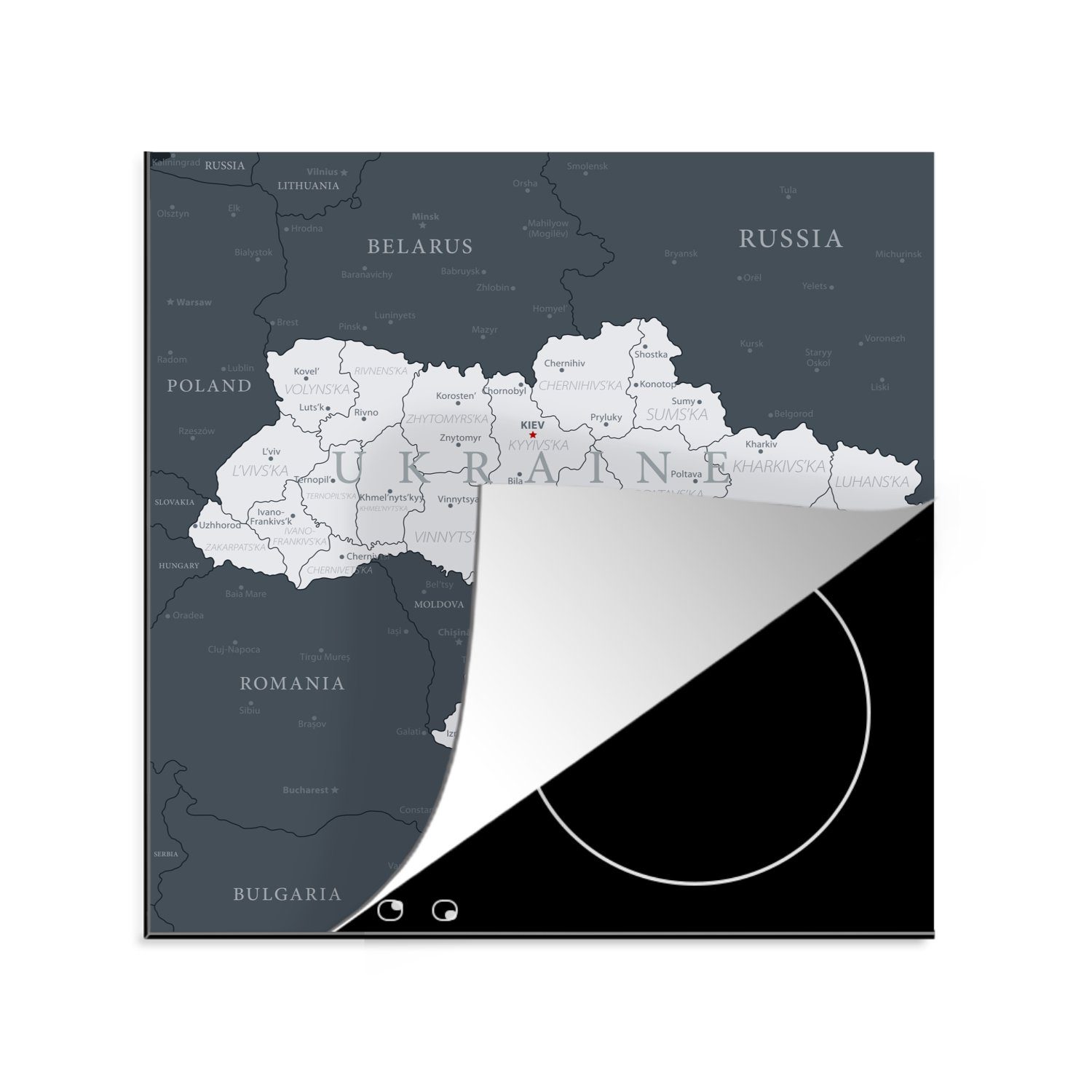 MuchoWow Herdblende-/Abdeckplatte Illustration einer weißen Karte der Ukraine, Vinyl, (1 tlg), 78x78 cm, Ceranfeldabdeckung, Arbeitsplatte für küche