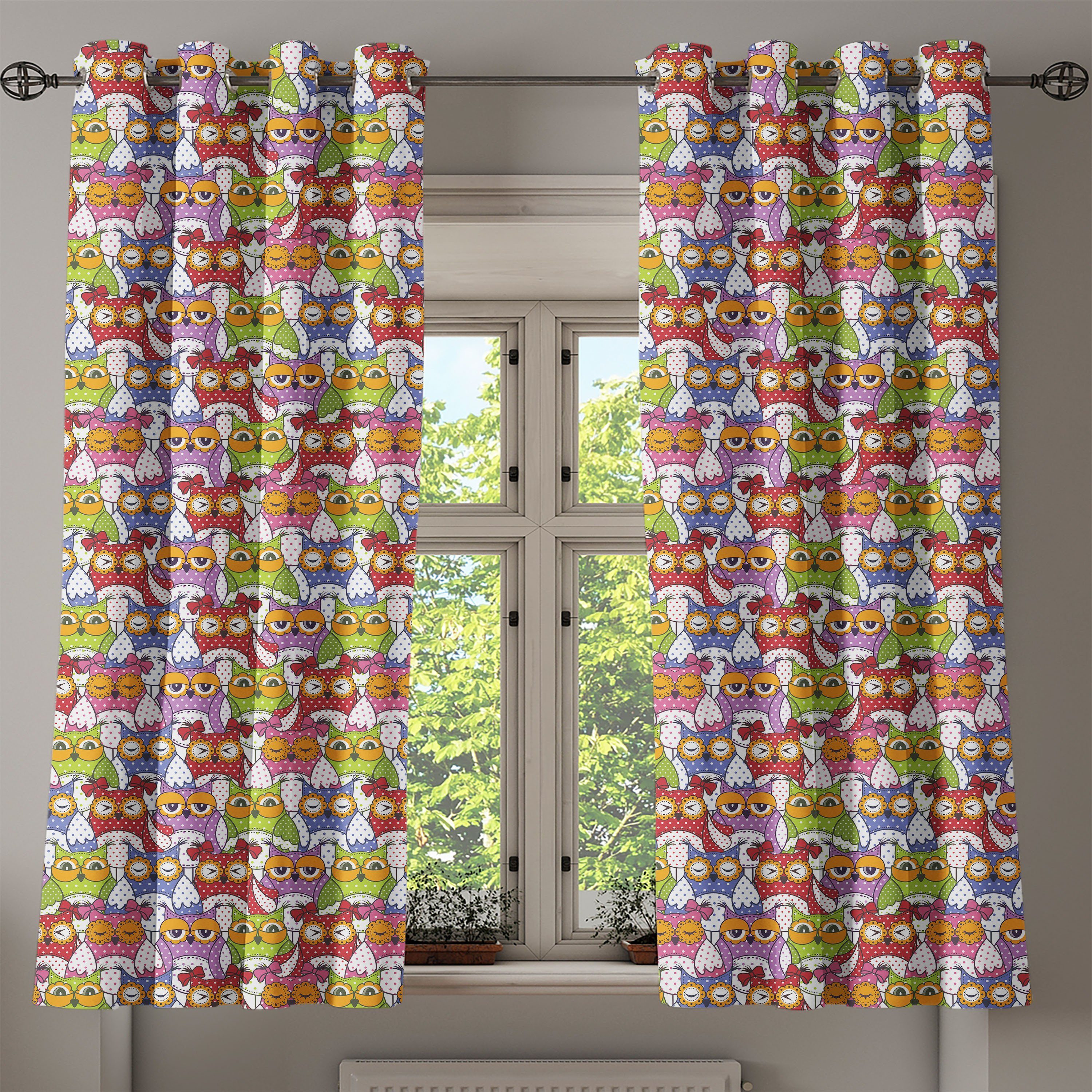 2-Panel-Fenstervorhänge Wohnzimmer, Aufwändige Dekorative Gardine für Schlafzimmer Bunt Abakuhaus, Eulen-Tupfen