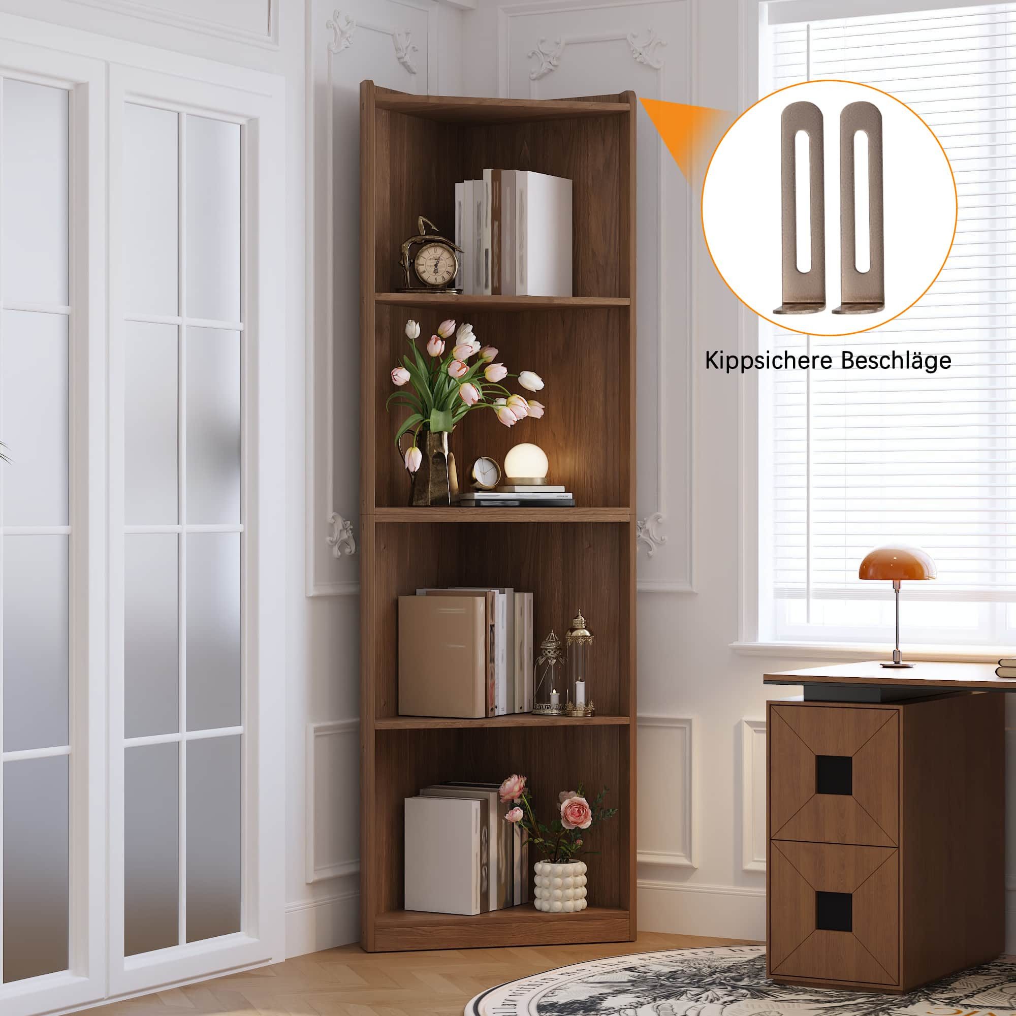 ANYSUN Eckregal Vitrine Bücherregal hohes Standregal Walnussoptik Kippschutz, Standregal Einzelstück, mit Kippschutz für stilvolle Ordnung in Wohn- und Arbeitsbereichen