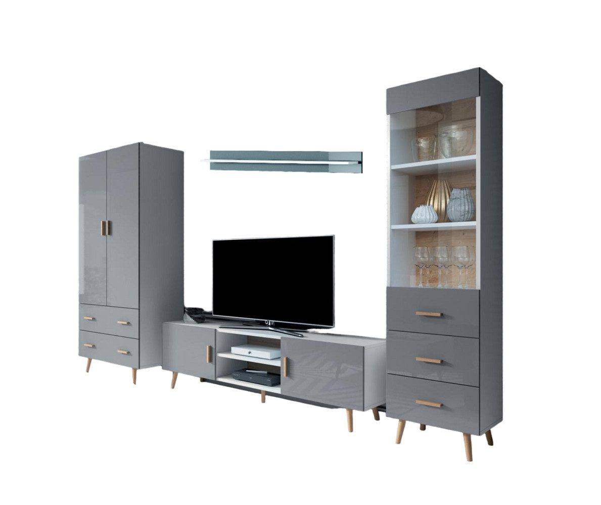 Wohnwand Moderner Wohnzimmerschrank mit Vitrinen und Regal in Holzoptik