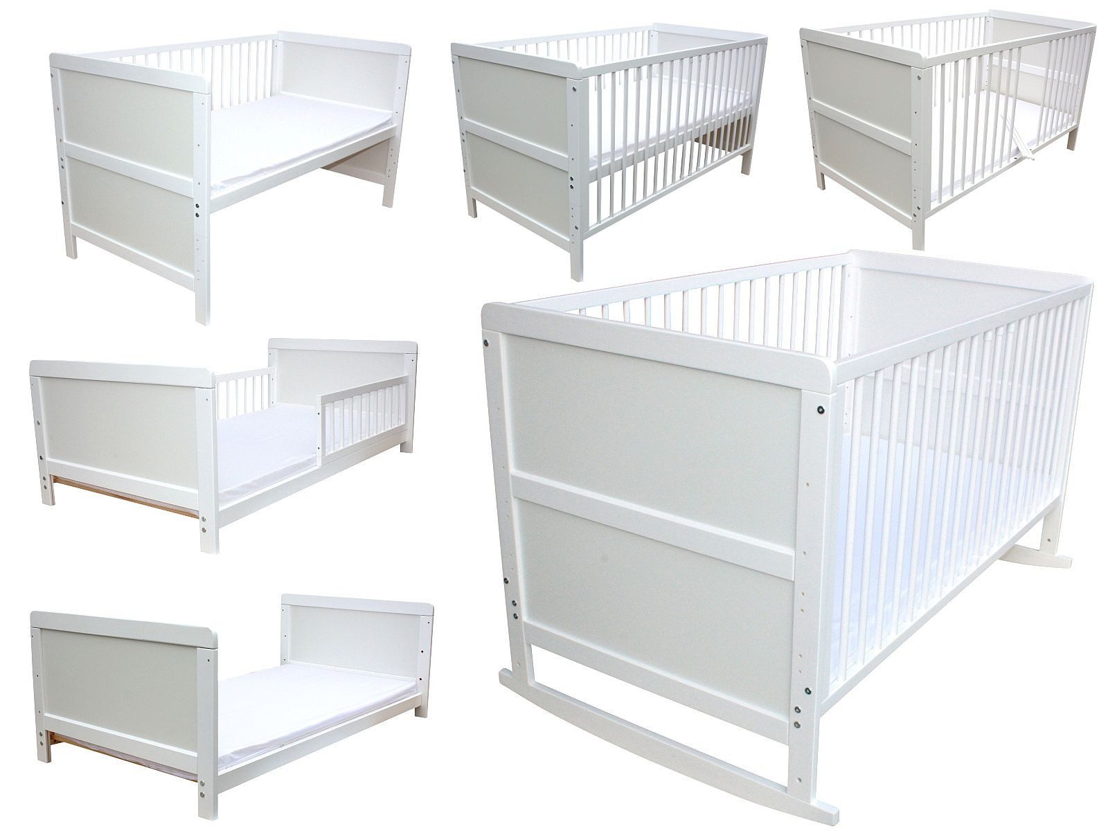 Kinderbett Kinderbett Juniorbett Beistellbett Wiege 140x70cm 4in1 + Matratze weiß