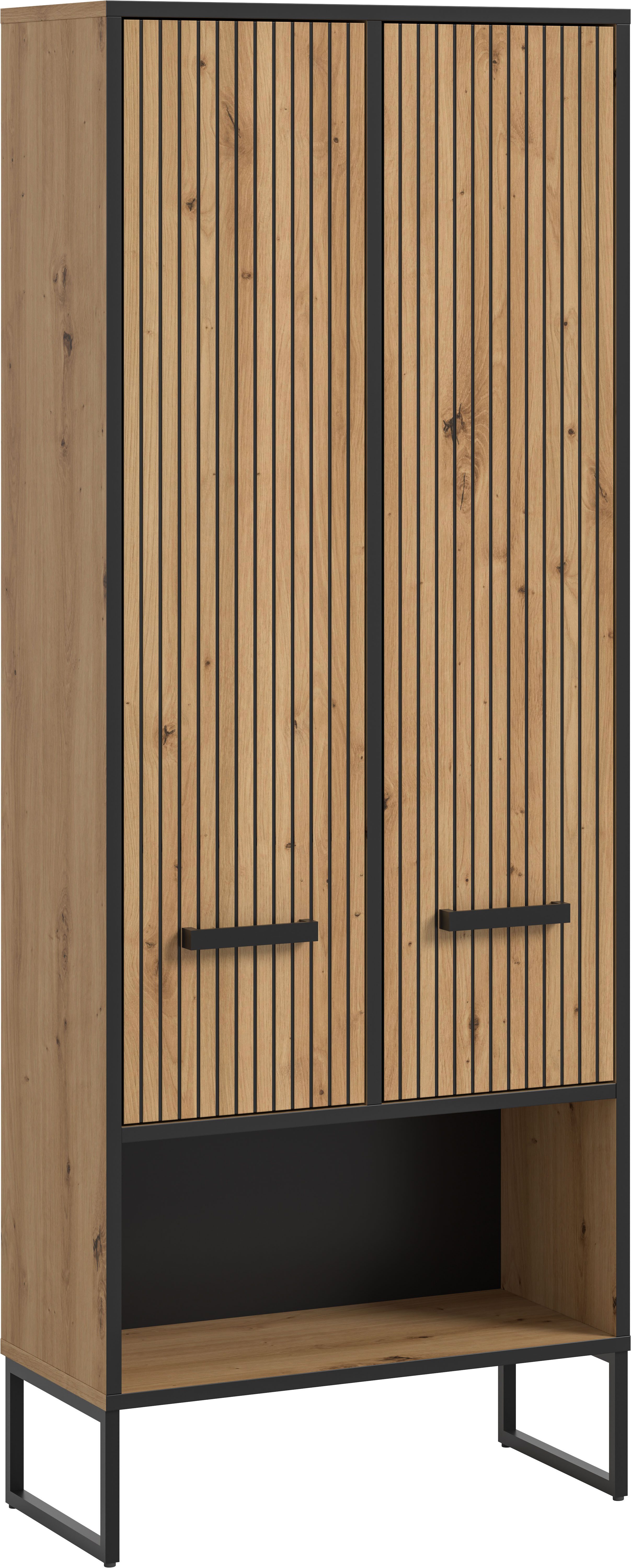 welltime Hochschrank LOCRI, Höhe 159 cm, 2 Türen, 6 Einlegeböden, 1 offenes Fach (1-St., industrial Look mit Rillenoptik & Metall Kufen) variable Einlegeböden, modernes Design, Badschrank, Bad