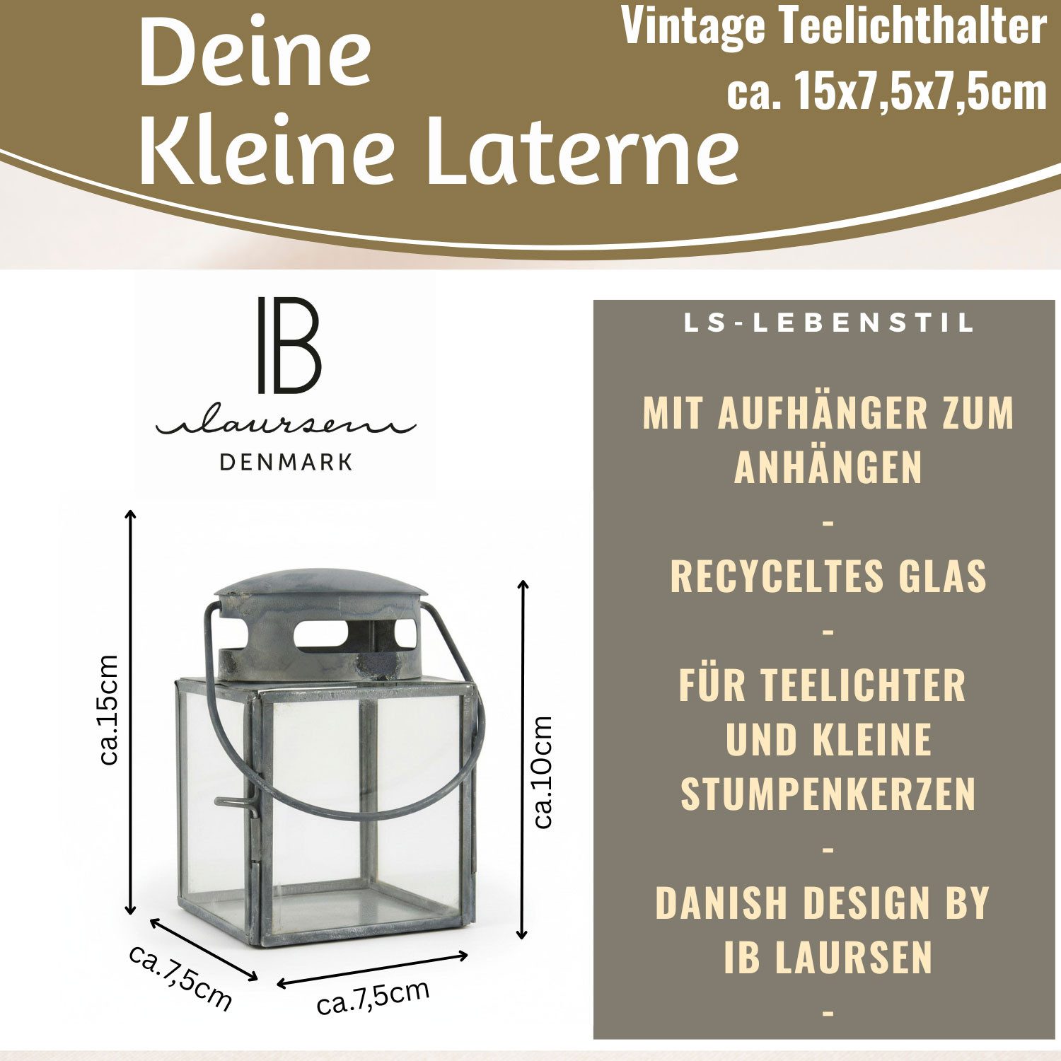 LS-LebenStil Teelichthalter IB Laursen Vintage Laterne Windlicht 10cm Metall Grau Teelicht (Windlicht zum Aufhängen für Teelichter und kleine Stumpenkerze, 1 St., Halter Kerzenständer Tischdeko Kerzenhalter Gläser für Teelichter), Deko Hochzeit Ostern Weihnachten Konfirmation