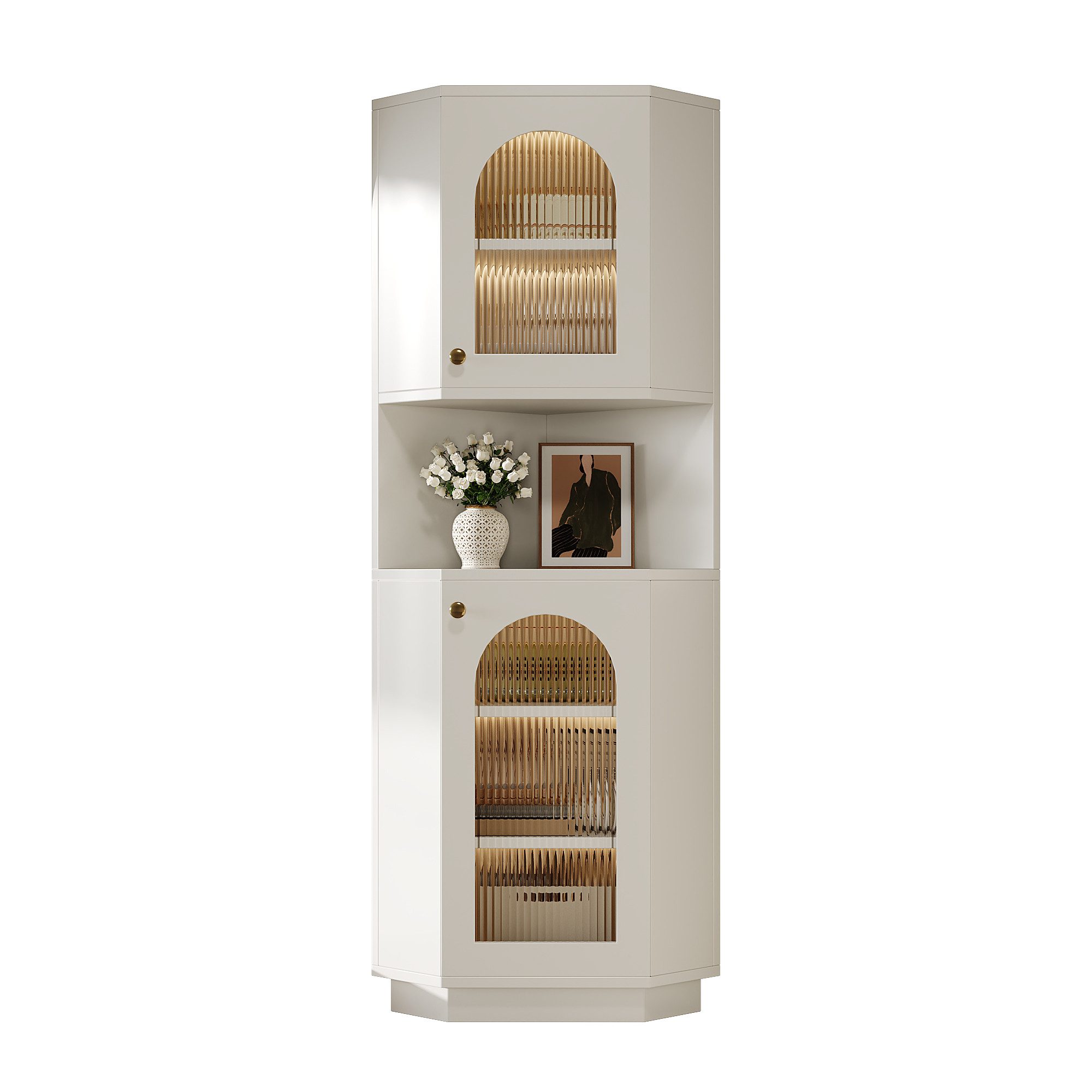 REDOM Vitrine Eckschrank mit dekorativer Innenbeleuchtung (Packung, 1-St., 45x166,5x45 cm in Weiß, 5 Fächer & 1 offenes Fach) Mit modellierter Glastür für eine ansprechende Präsentation im Raum