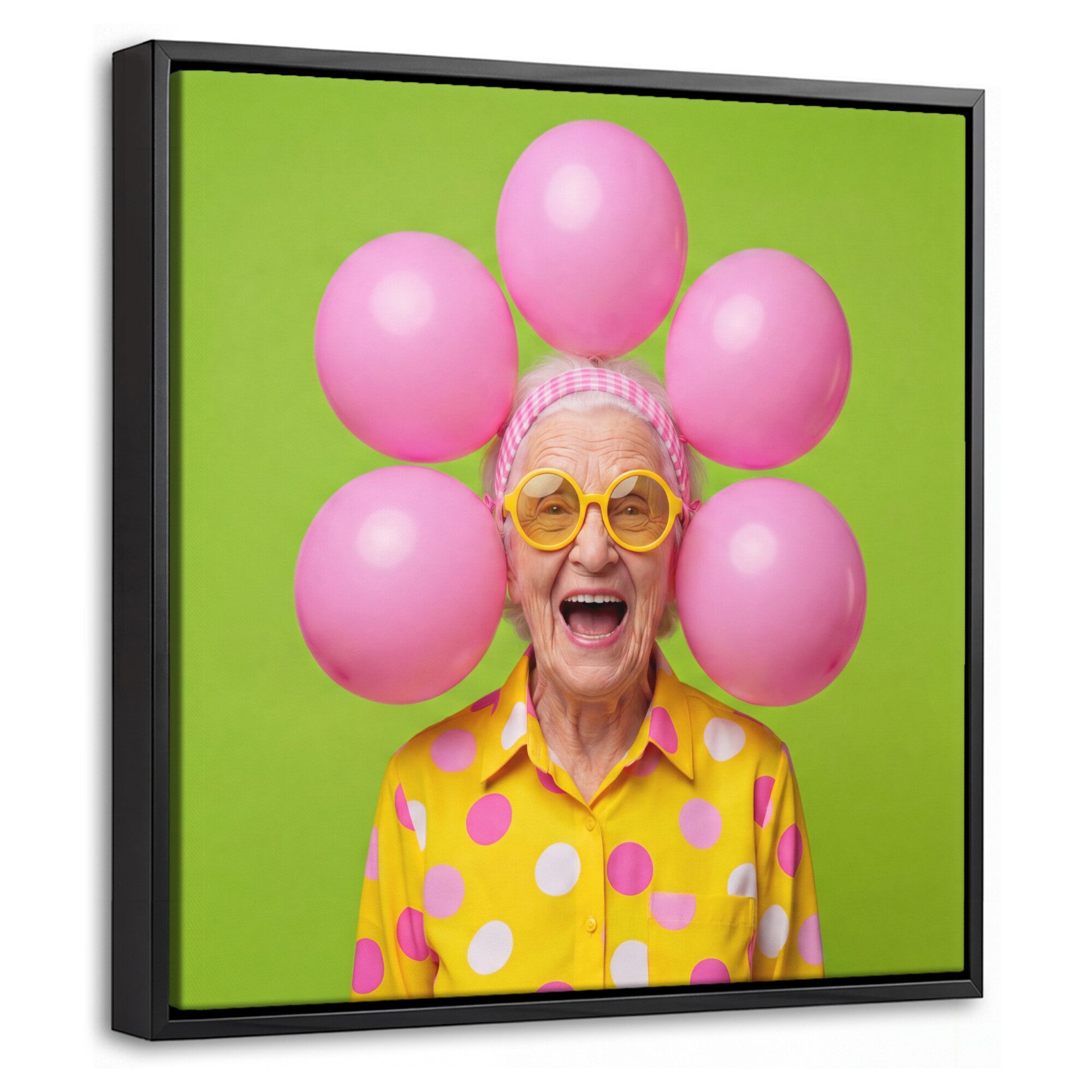 OneMillionCanvasses® Leinwandbild mit Rahmen - Mensch – Luftballons – Party – Bunt – Rosa, Fotodruck (1 St), Leinwand Bilder Klein, Wand Dekoration Aesthetic 20x20cm