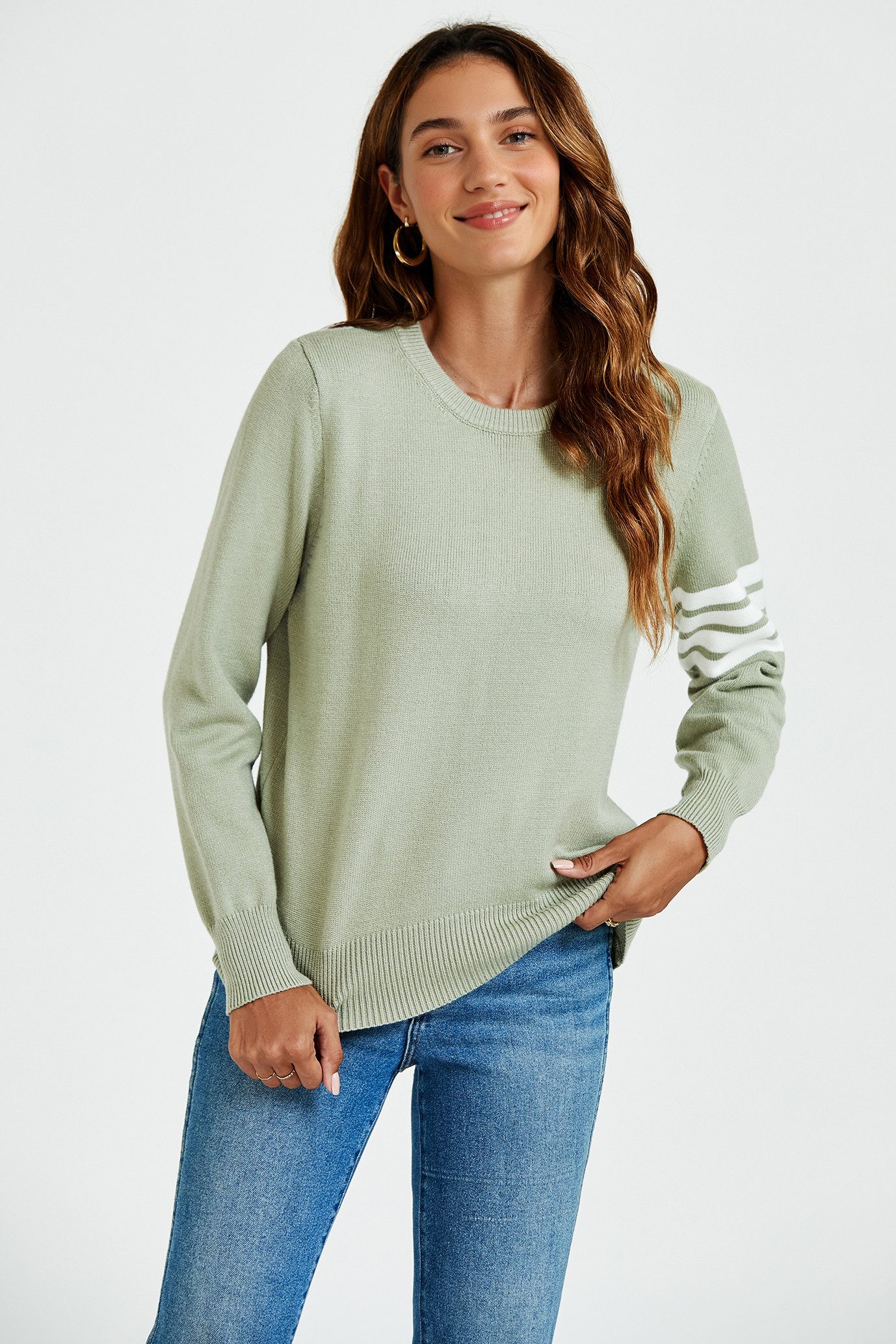 FS Collection Strickpullover Damen Pullover aus Wollmischung mit Streifenmuster, Relaxed Fit (UK 8/ EU 36/ US 4, 3 Farben : Olivegrün, Schwarz und Navy) 56 % Viskose, 26 % Polyester, 18 % Wolle