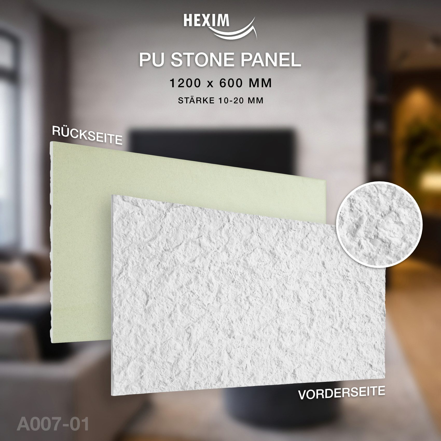 Hexim 3D Wandpaneel, (Steinoptik 2 Stück 120x60cm – Felswand PU Wandverkleidung, Täuschend echte Bruchstein 3D Paneele für Wohnzimmer – 2cm starke Stone Steinplatte weiß (1,44m² White)