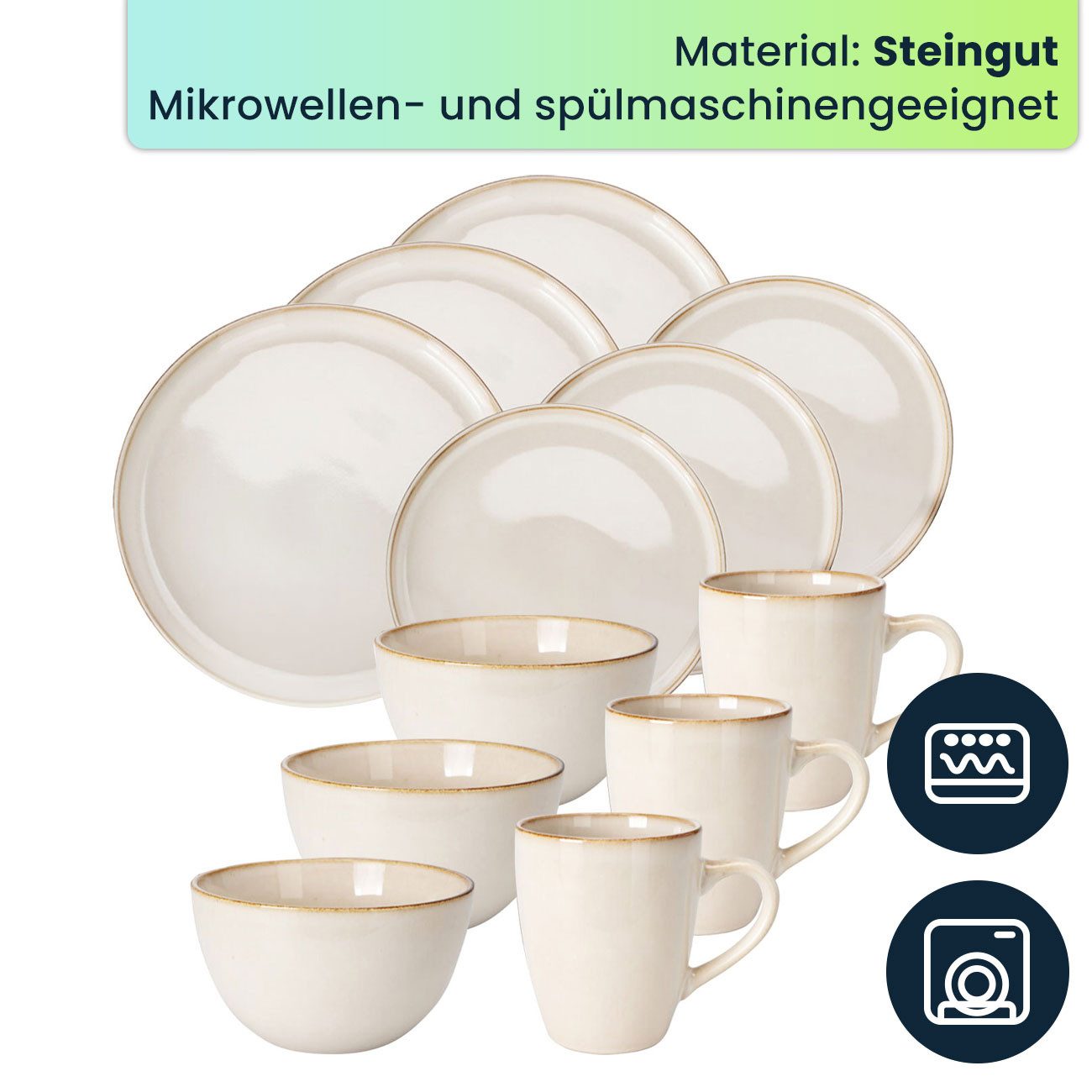 Excellent Houseware Geschirr-Set Elegantes Steingut Geschirr-Set: 16 Teile in Creme-Beige für Teller (16-tlg), Mikrowellen- und spülmaschinengeeignet