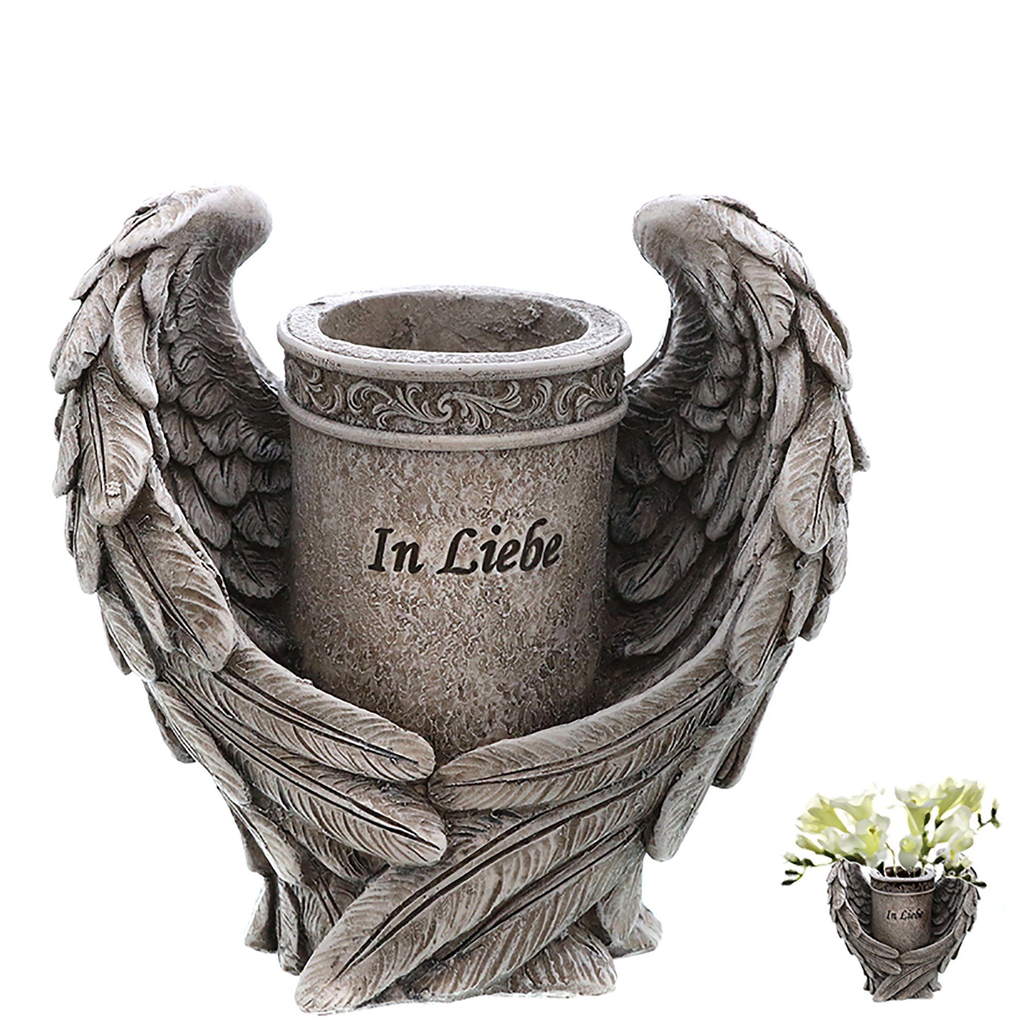 Annastore Gartenfigur Besinnliche Grabdeko zur Erinnerung - Grabschmuck, (Grabfigur, Friedhof Deko), frostfest und witterungsbeständig Vase mit Flügel, H 17 cm