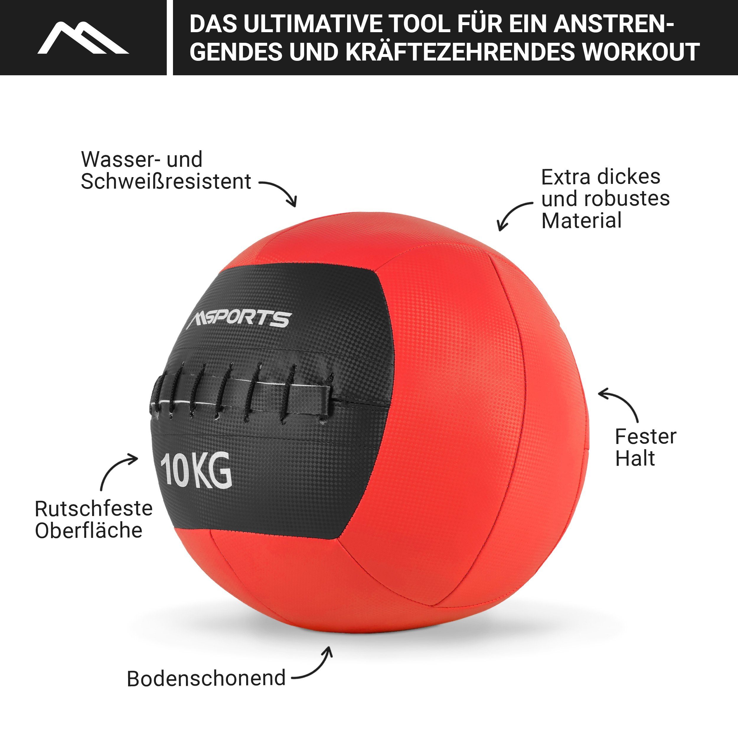 MSports® Medizinball Wall-Ball Premium Gewichtsball 2 10 - Farben in kg 10 Rot - verschiedenen kg
