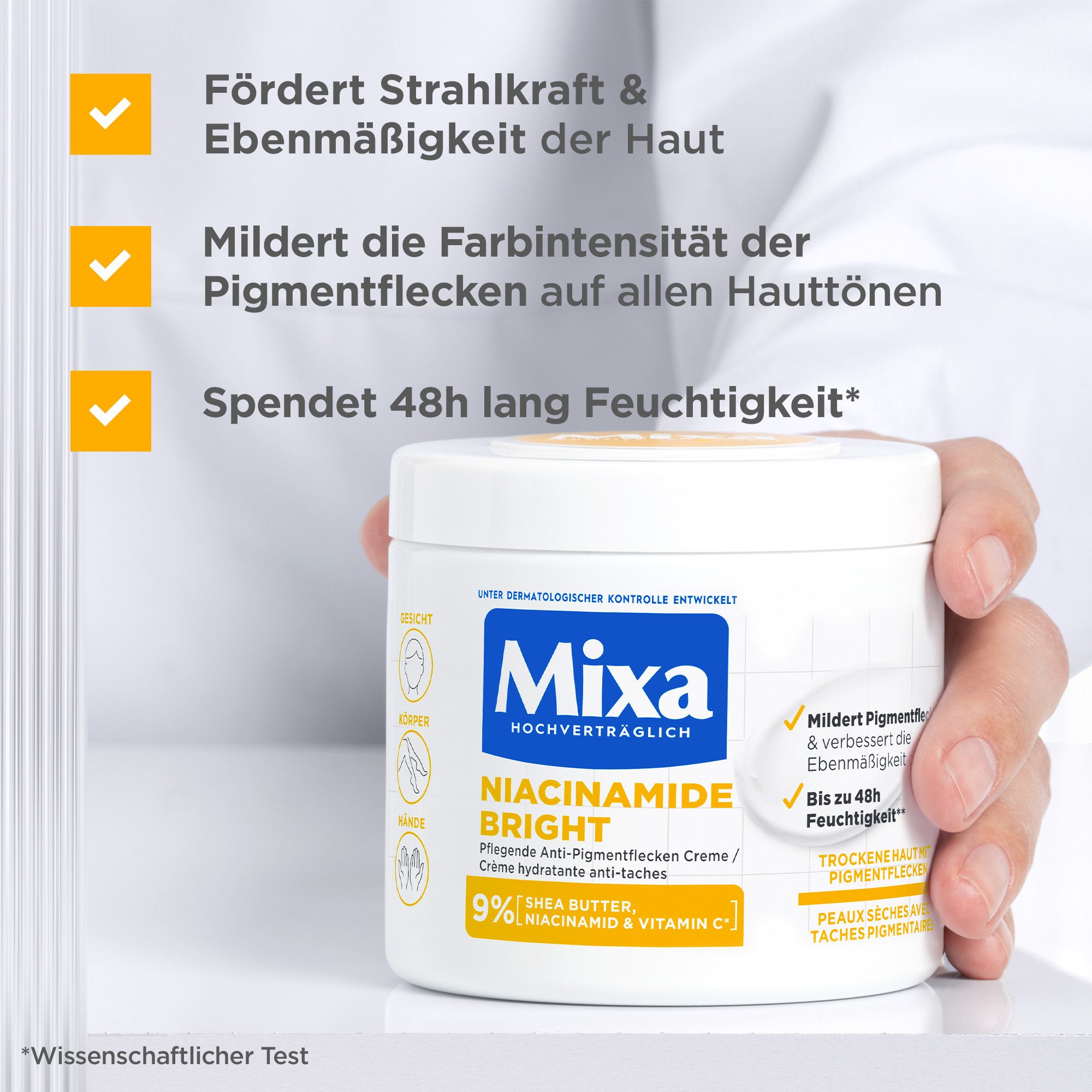 Mixa Körpermilch MIXA NIACINAMIDE BRIGHT PFLEGENDE ANTI-PIGMENTFLECKEN CREME, Mildert sonnenbedingte Pigmentflecken, versorgt trockene Haut.