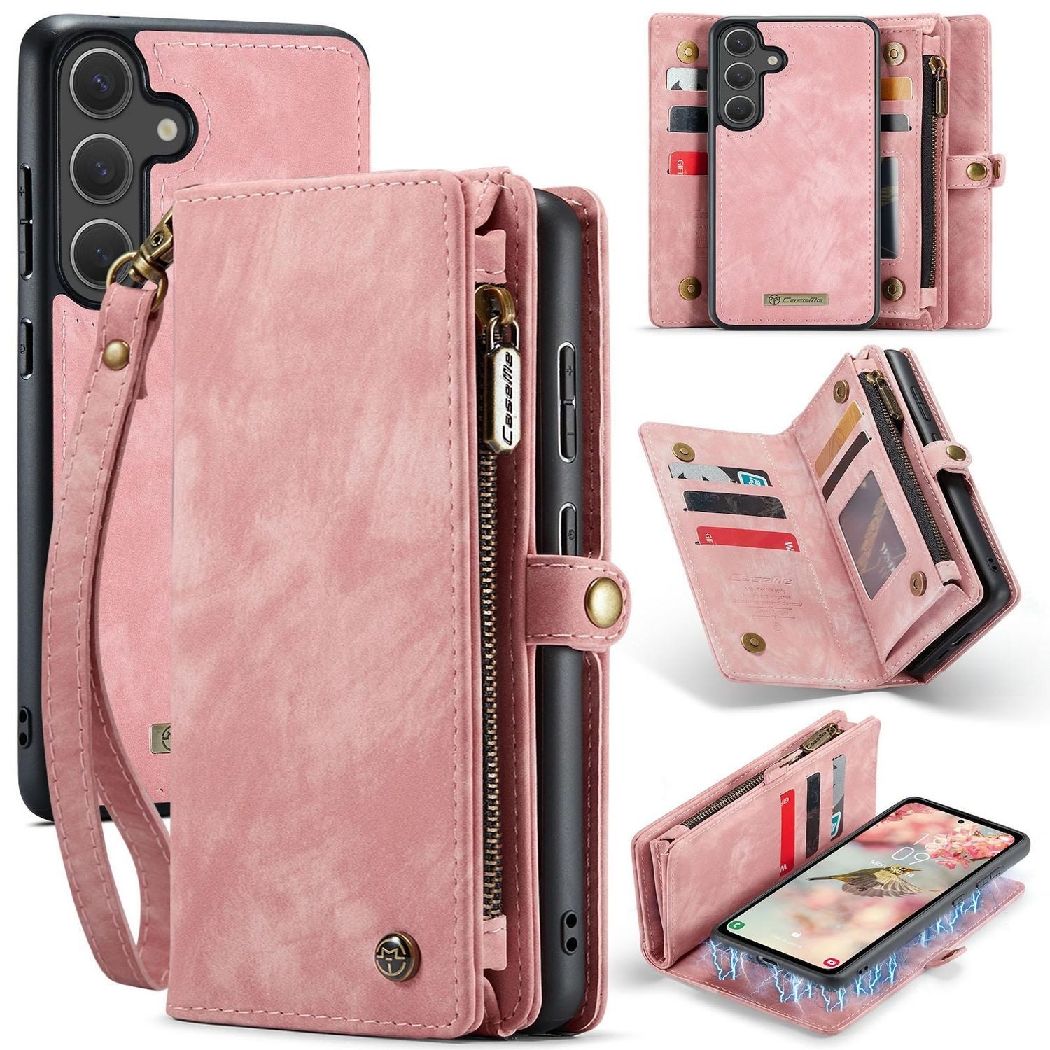 CaseMe Handyhülle Für Samsung Galaxy S25 5G Kunstleder Multifunktion Tasche Hülle Pink, Kunst-Leder Schutz Tasche Smart Case Multifunktion