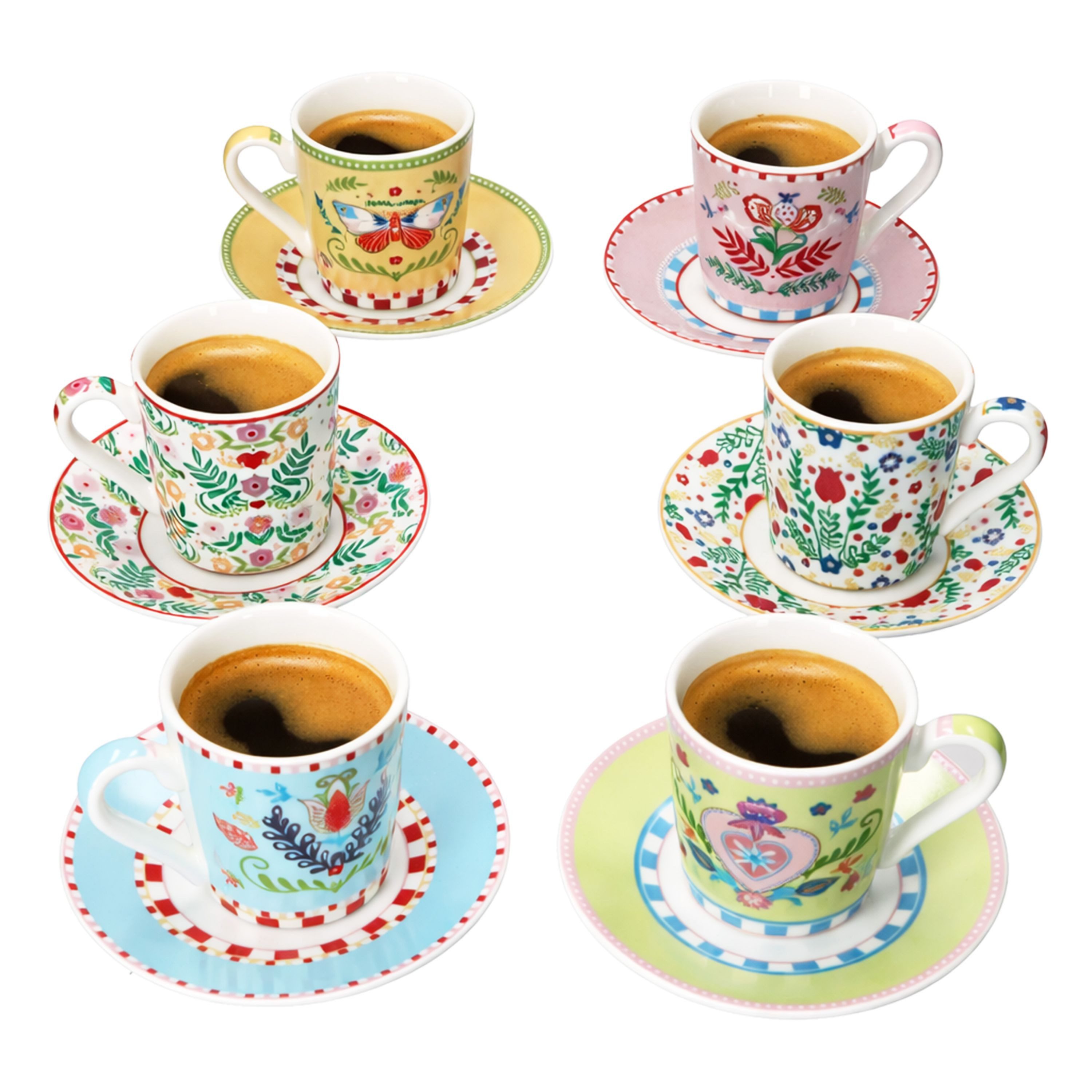 MamboCat Tasse Spring Folk 6er Set Espressotassen 80ml mit Untertassen Porzellan bunt, Porzellan