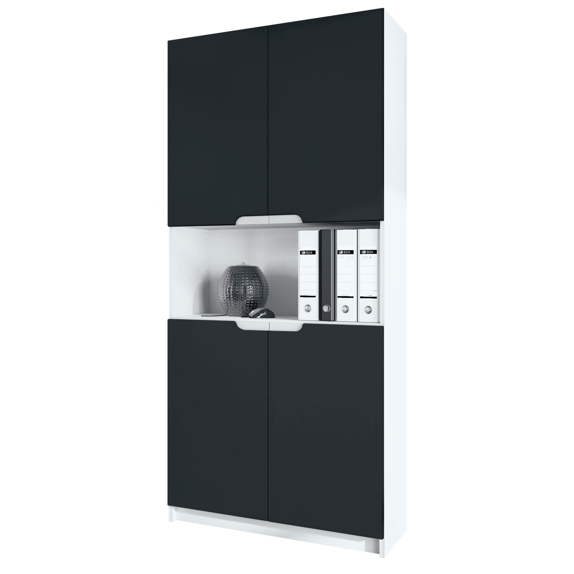 Vladon Aktenschrank Logan V2 (Aktenschrank, mit 5 Fächern und 4 Türen) Weiß matt/Schwarz matt (82 x 185 x 37 cm)