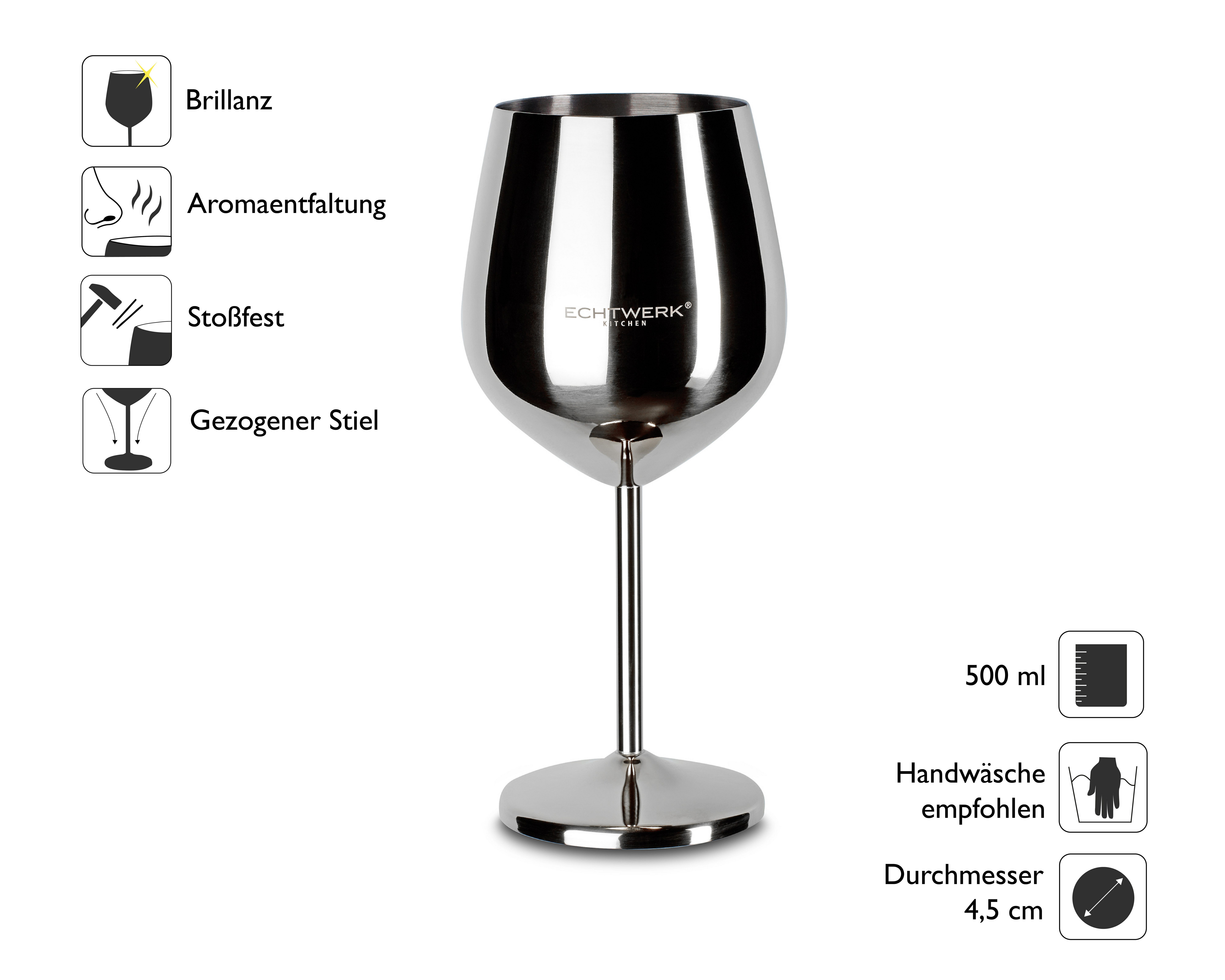 ECHTWERK Weinglas Weinkelch-Set, aus Edelstahl, 6-tlg., Edelstahl, Fassungsvermögen: ca. 500 ml, Innen mattiert und Außen poliert