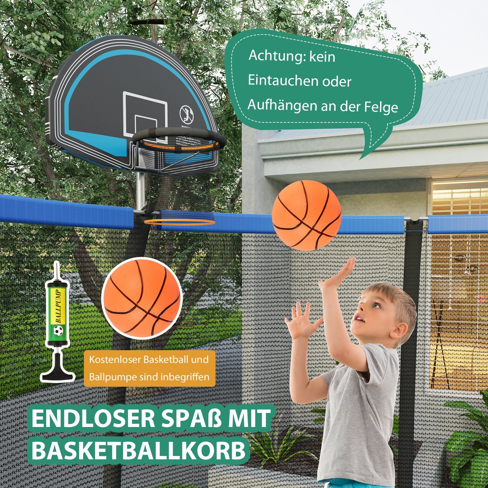Basketball (2), Fitnesstrampolin, mit & Ø305cm Gartentrampolin Sicherheitsnetz blau COSTWAY