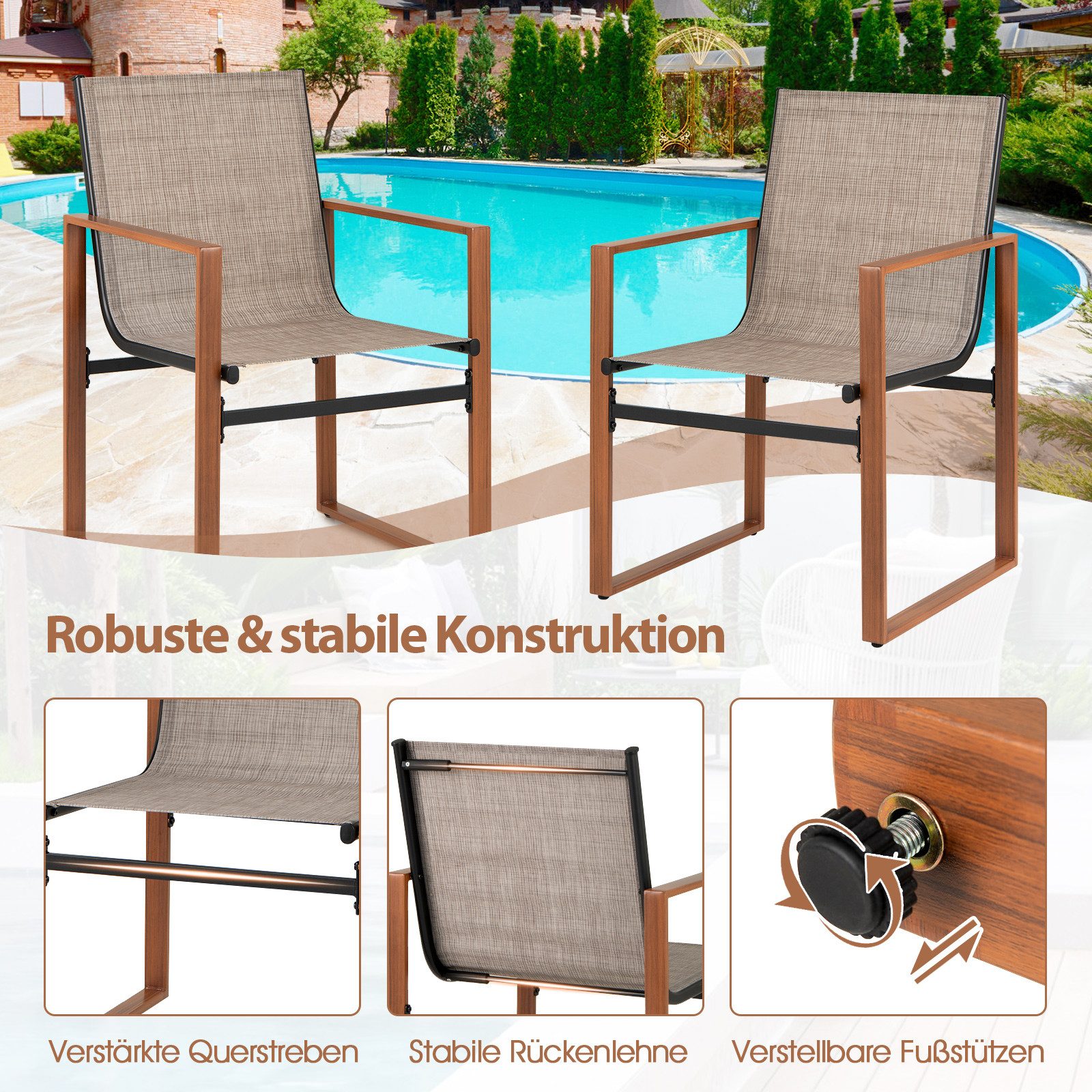 COSTWAY Gartenstuhl (2 St), 2er Set, Metallrahmen, Retro-Stil
