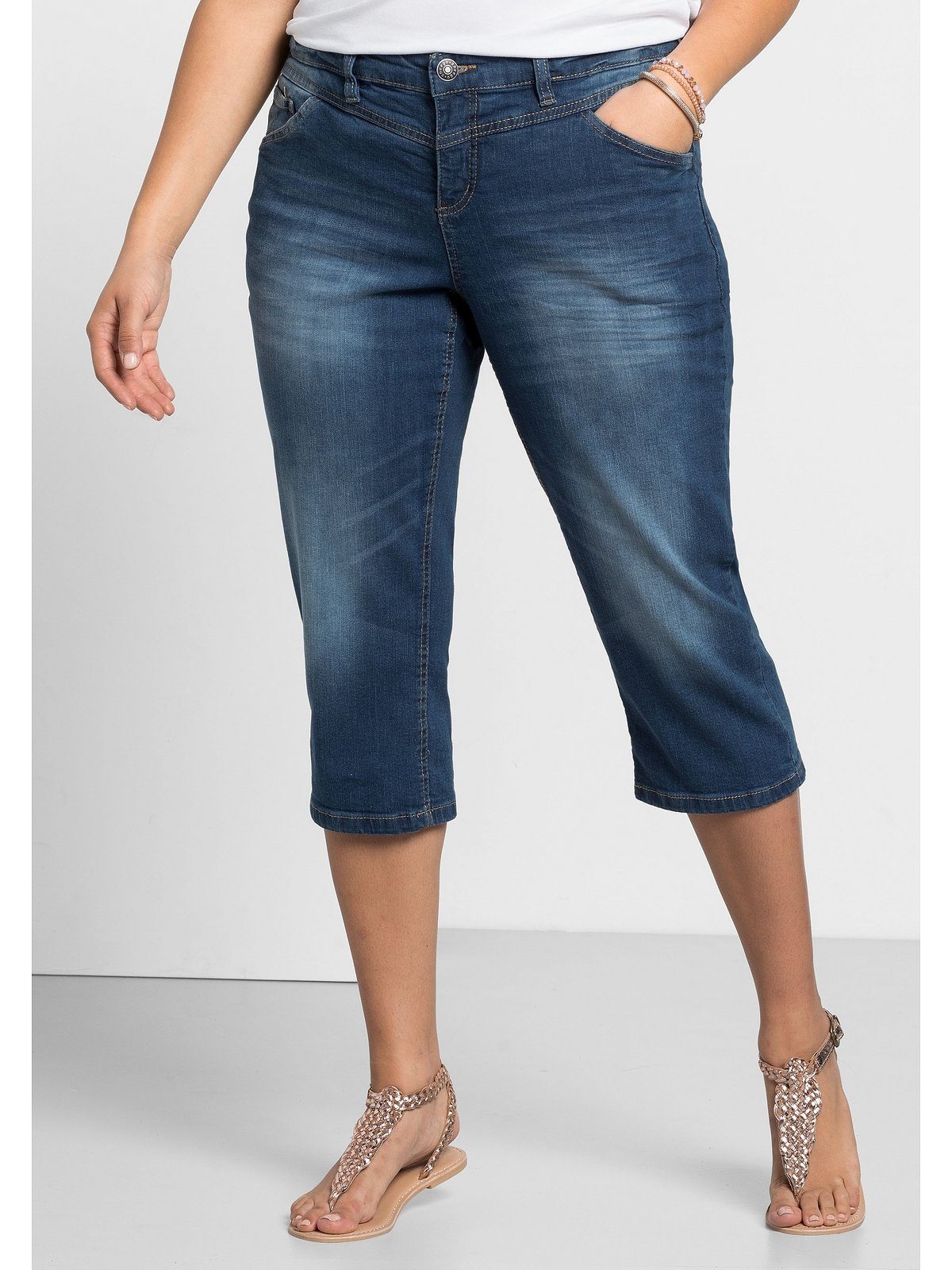 Große Die Sheego 3/4-Jeans Schmale Größen Used-Effekten mit
