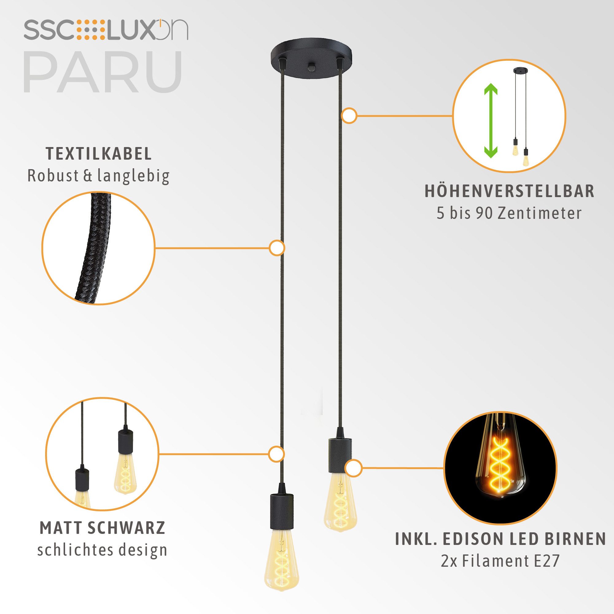SSC-LUXon LED-Hängeleuchte PARU 2er Hängeleuchte inkl. E27 LED Glühbirnen dimmbar 3W, Extra Warmweiß