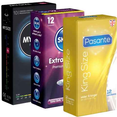 Kondomotheke XXL-Kondome Probierset: Long & Wide Mix (Testpack Größe XL - XXL) 3 Packungen große Kondome, insgesamt, 34 St., Kondome Probierset, für den großen Penis - Kondome für Männer, die mehr Platz brauchen