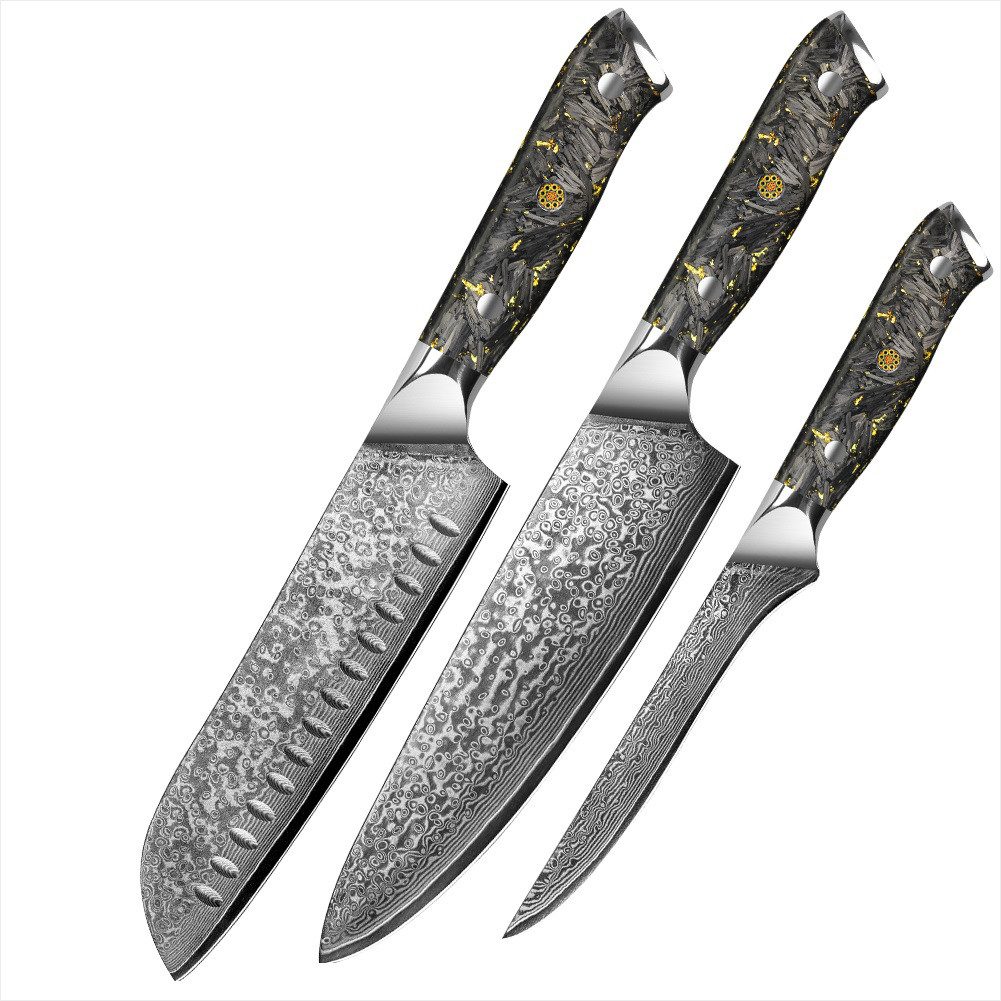 KingLux Messer-Set 3tlg.Damast Küchenmesser Damaszener Stahl Chef Santoku Filetiermesser (3-tlg)