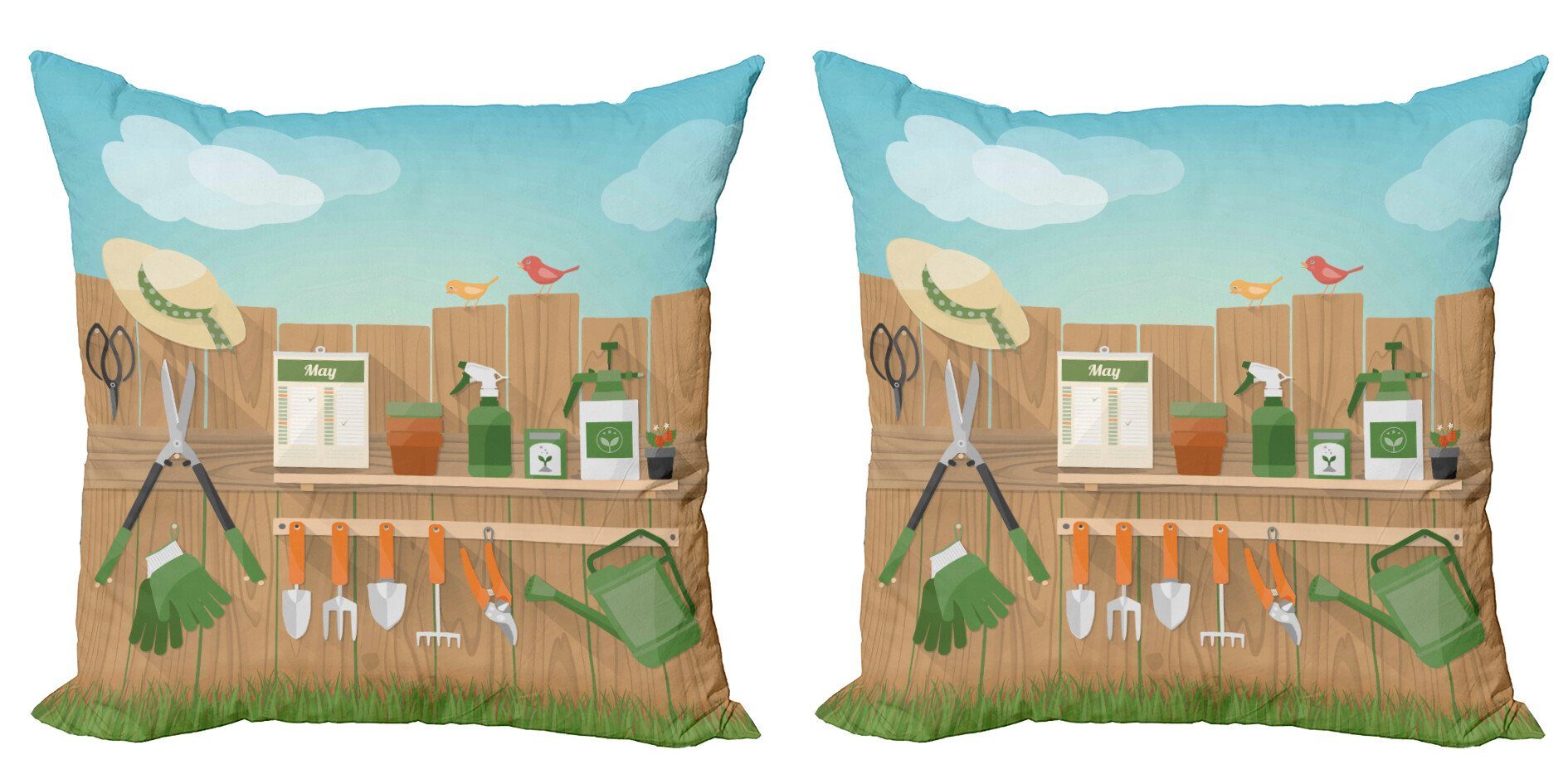 Kissenbezüge Modern Accent Doppelseitiger Digitaldruck, Abakuhaus (2 Stück), Zaun Im Garten Gegenstände Gras Vögel