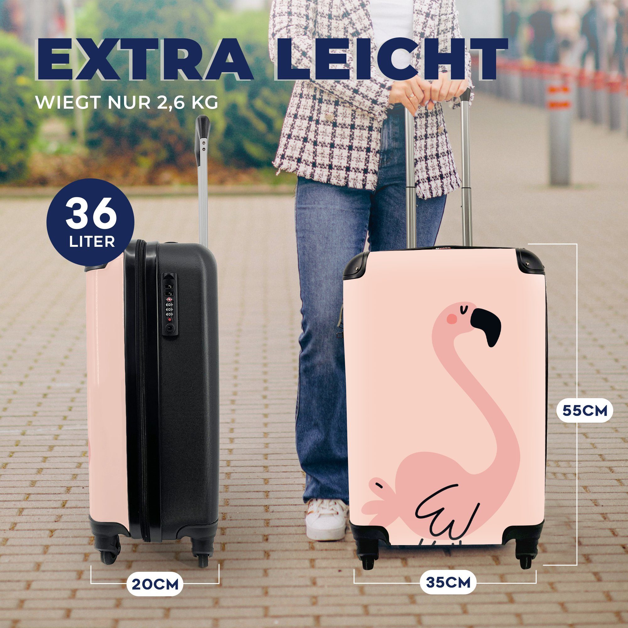 Ferien, für 4 rosa Illustration Handgepäck Trolley, Reisetasche rosa einem Hintergrund, auf mit eines Reisekoffer MuchoWow Rollen, rollen, Handgepäckkoffer Flamingos