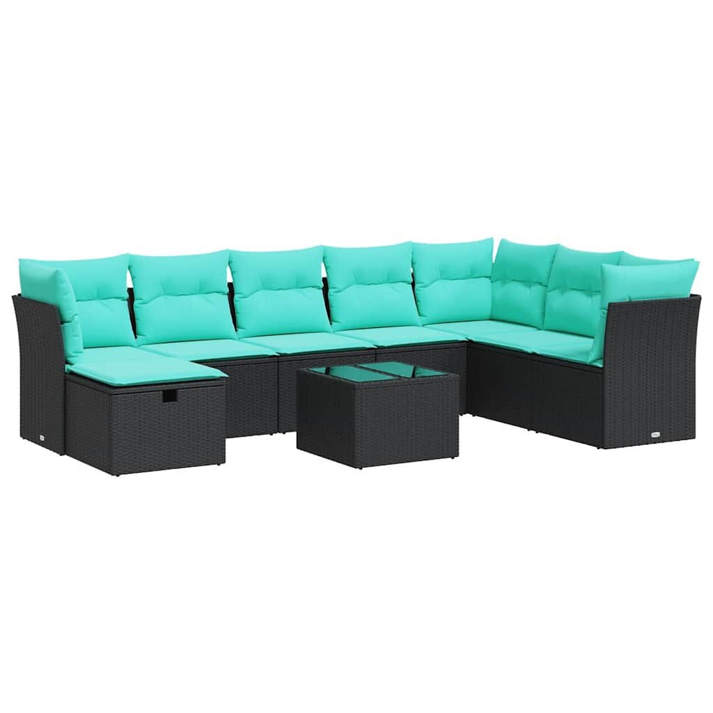 vidaXL Gartenlounge-Set 9-tlg. Garten-Sofagarnitur mit Kissen Schwarz Poly Rattan, (9-tlg)