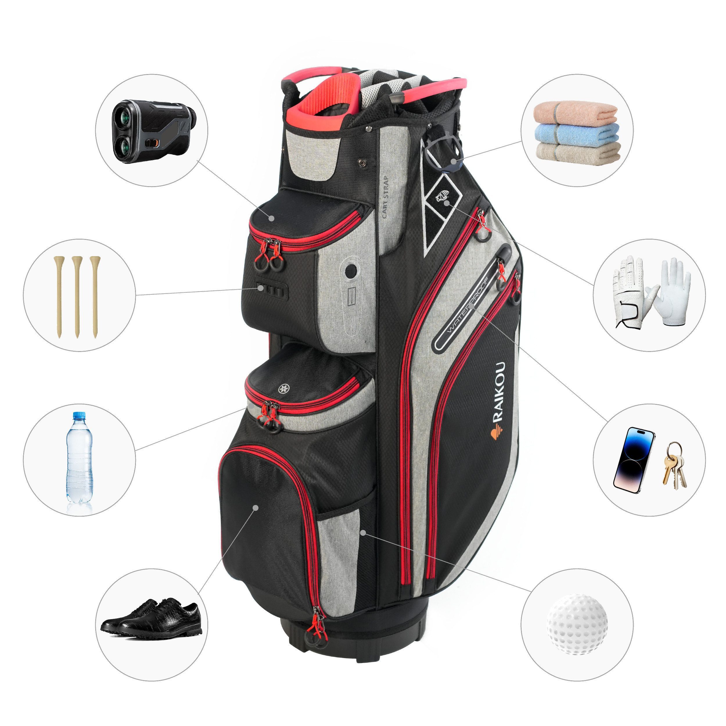 M-Diamant Golfballtasche Golftasche Cartbag Wasserdicht 14-fach 9 Taschen Trolley kompatibel, 14-fach Divider, Kühlfach, Wertsachenfach, wasserabweisend, trolley