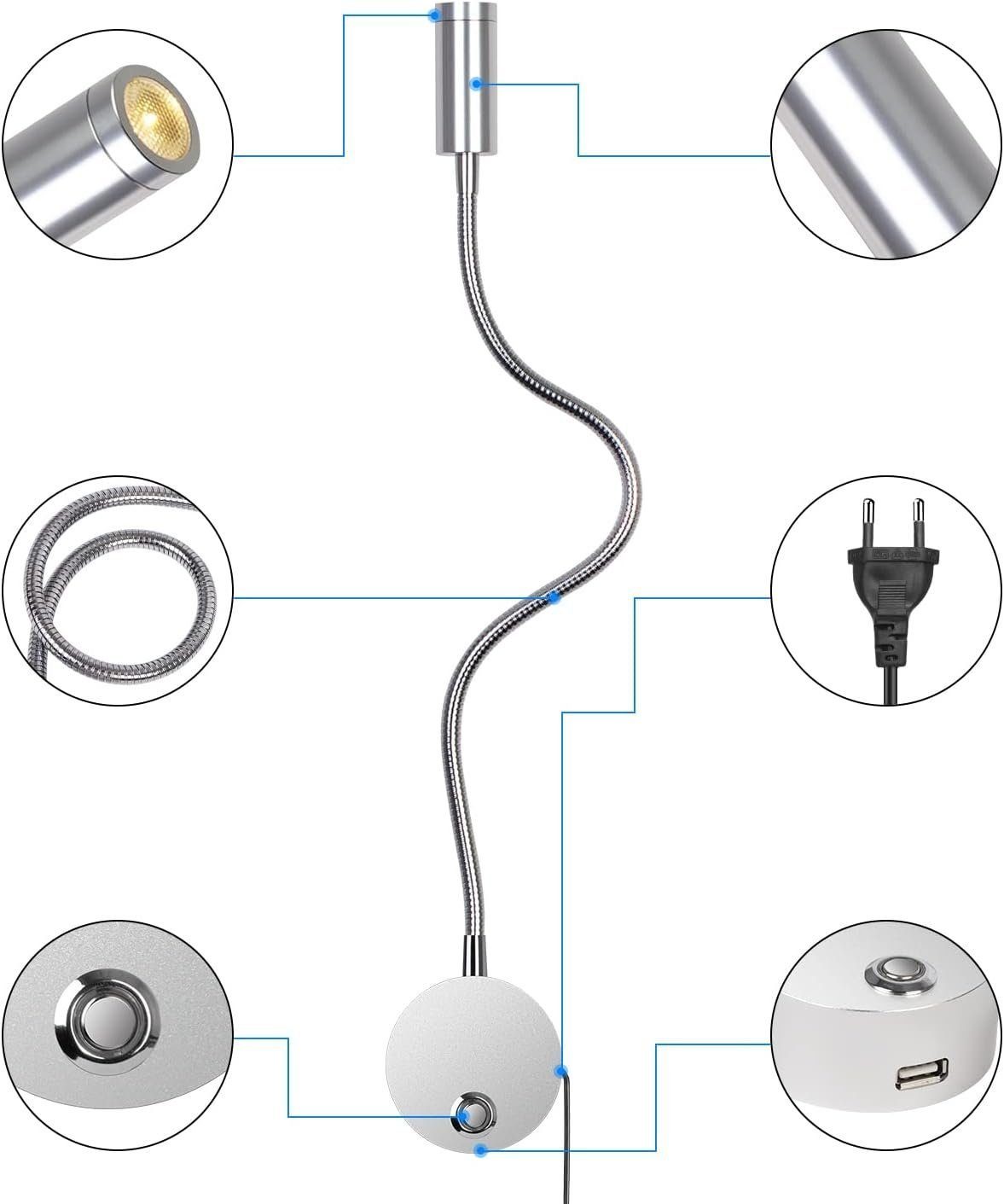 Silber Wandmontage,mit & DOPWii Leselampe USB-Ladeanschluss, 360° Schalter Touch Schreibtischlampe