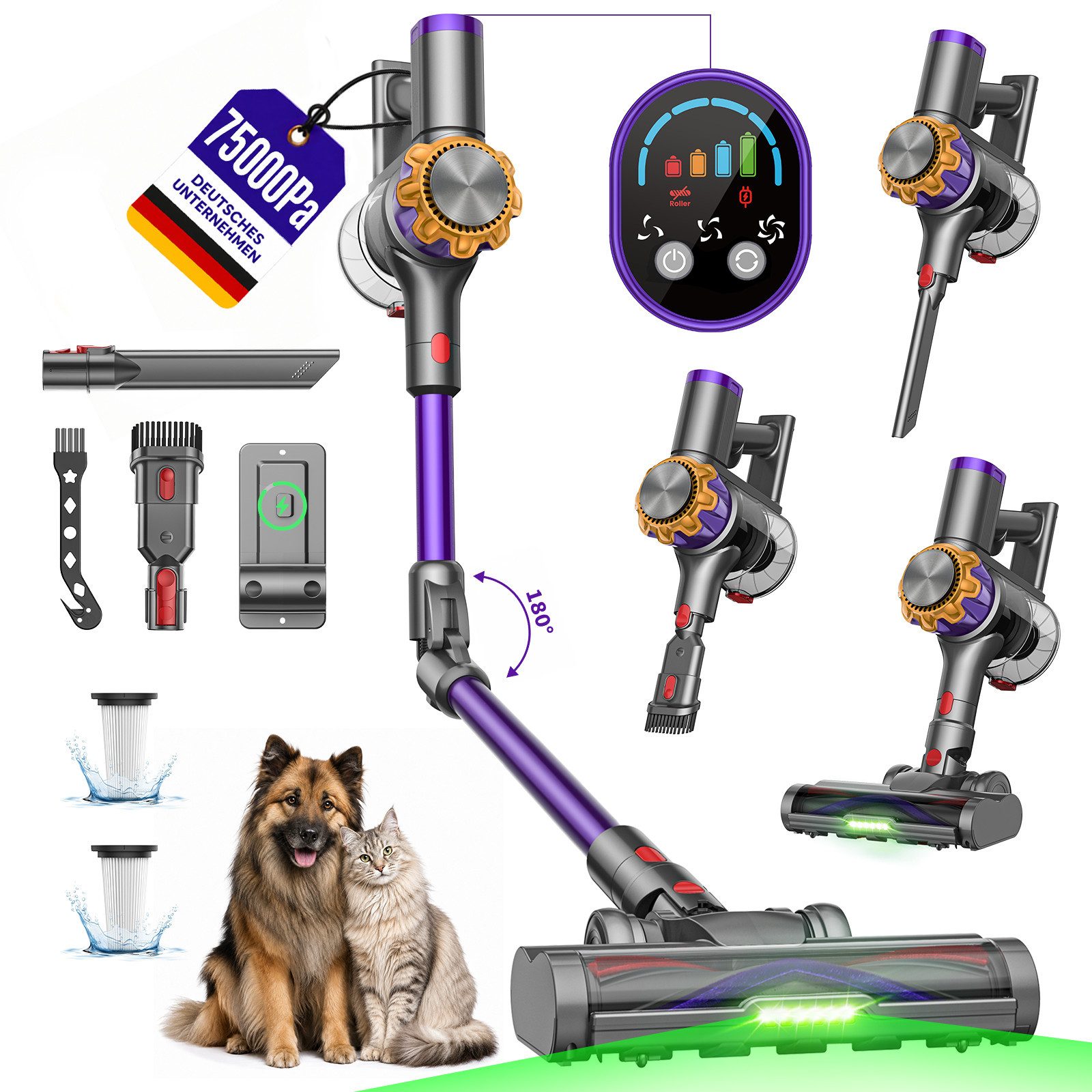 DyMona Akku-Hand-und Stielstaubsauger Akkustaubsauger 75000Pa/600W/70Min Staubsauger Kabellos Selbststehend, Elektrischer Staubsauger mit Flexibles Biegegelenk,1,2L Behalter, Anti-Tangle,Green LED,für Hartböden Teppiche Tierhaare Auto