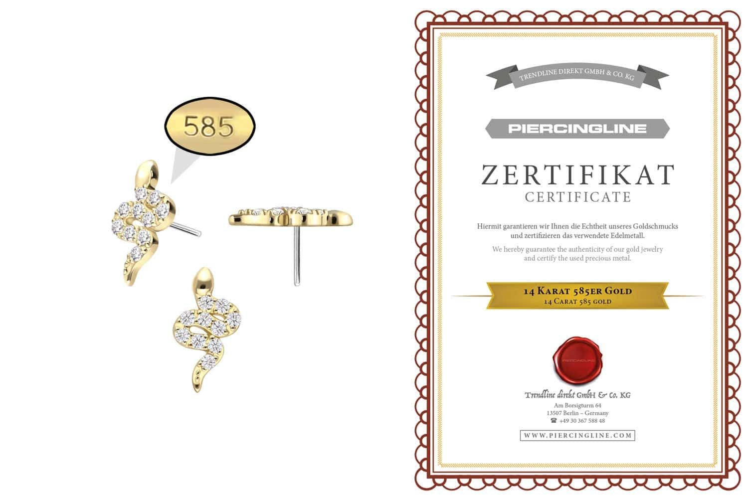 PIERCINGLINE Piercing-Set 14 Karat Gold Aufsatz mit Titan Push Pin MOISSANIT-SCHLANGE (Push Pins, 1-tlg)