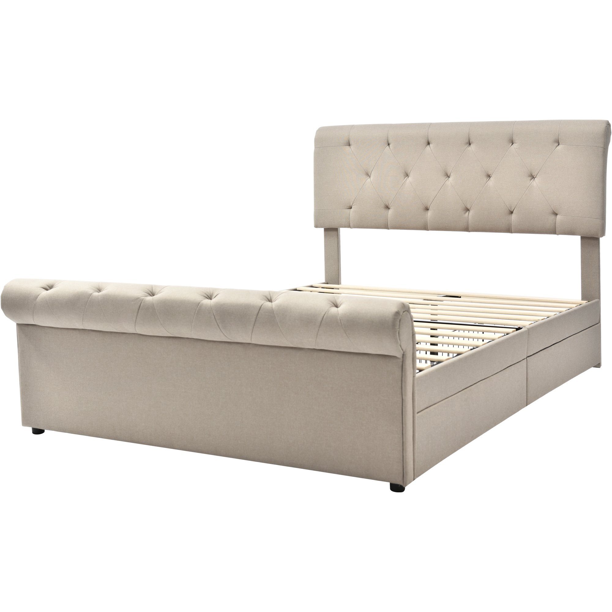 Polsterbett (Stauraumbett, mit 4 Schubladen und Lattenrost), Doppelbett 140x200cm mit Höhenverstellbarem Kopfteil, Bezug aus Leinen