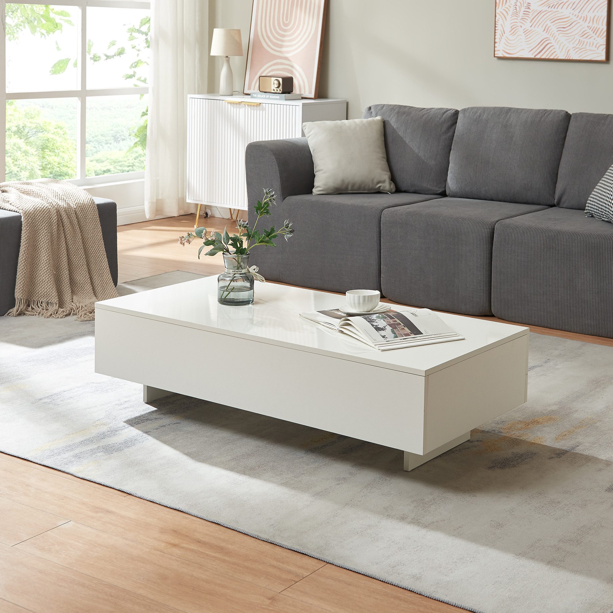 en.casa Couchtisch, »Lärketorp« Wohnzimmertisch 115x55x31cm Weiß Hochglanz