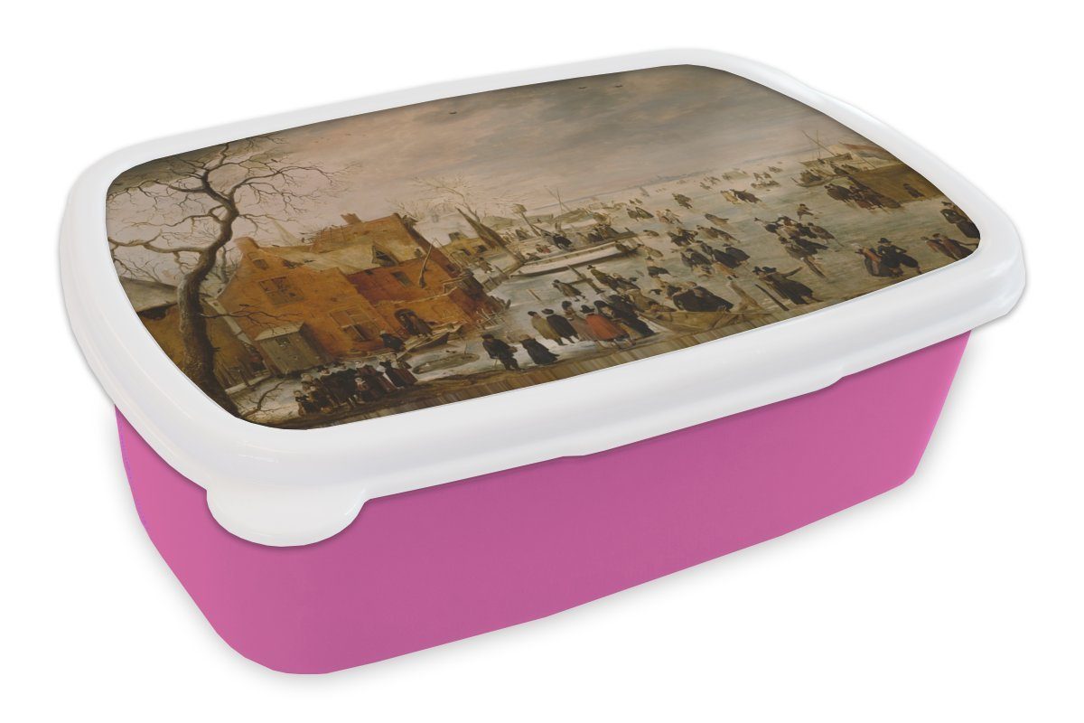 MuchoWow Lunchbox Eislandschaft - Gemälde von Hendrick Avercamp, Kunststoff, (2-tlg), Brotbox für Erwachsene, Brotdose Kinder, Snackbox, Mädchen, Kunststoff rosa