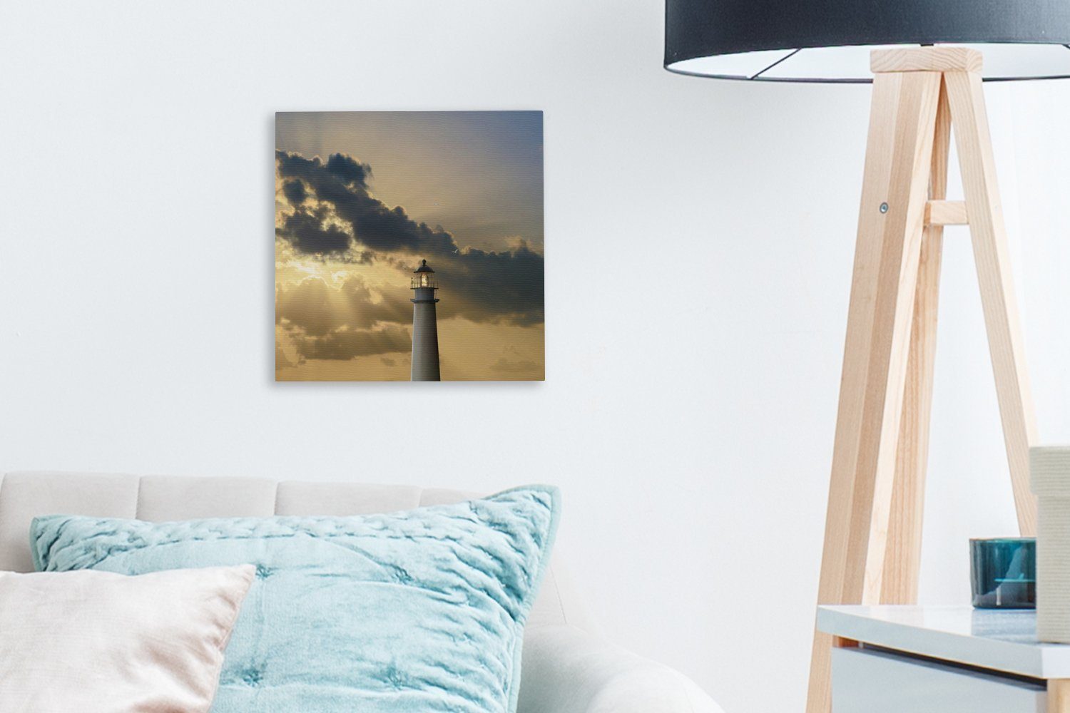 Wohnzimmer (1 Schlafzimmer Leuchtturm für OneMillionCanvasses® Leinwand Wolken Leinwandbild - Sonne, Bilder - St),