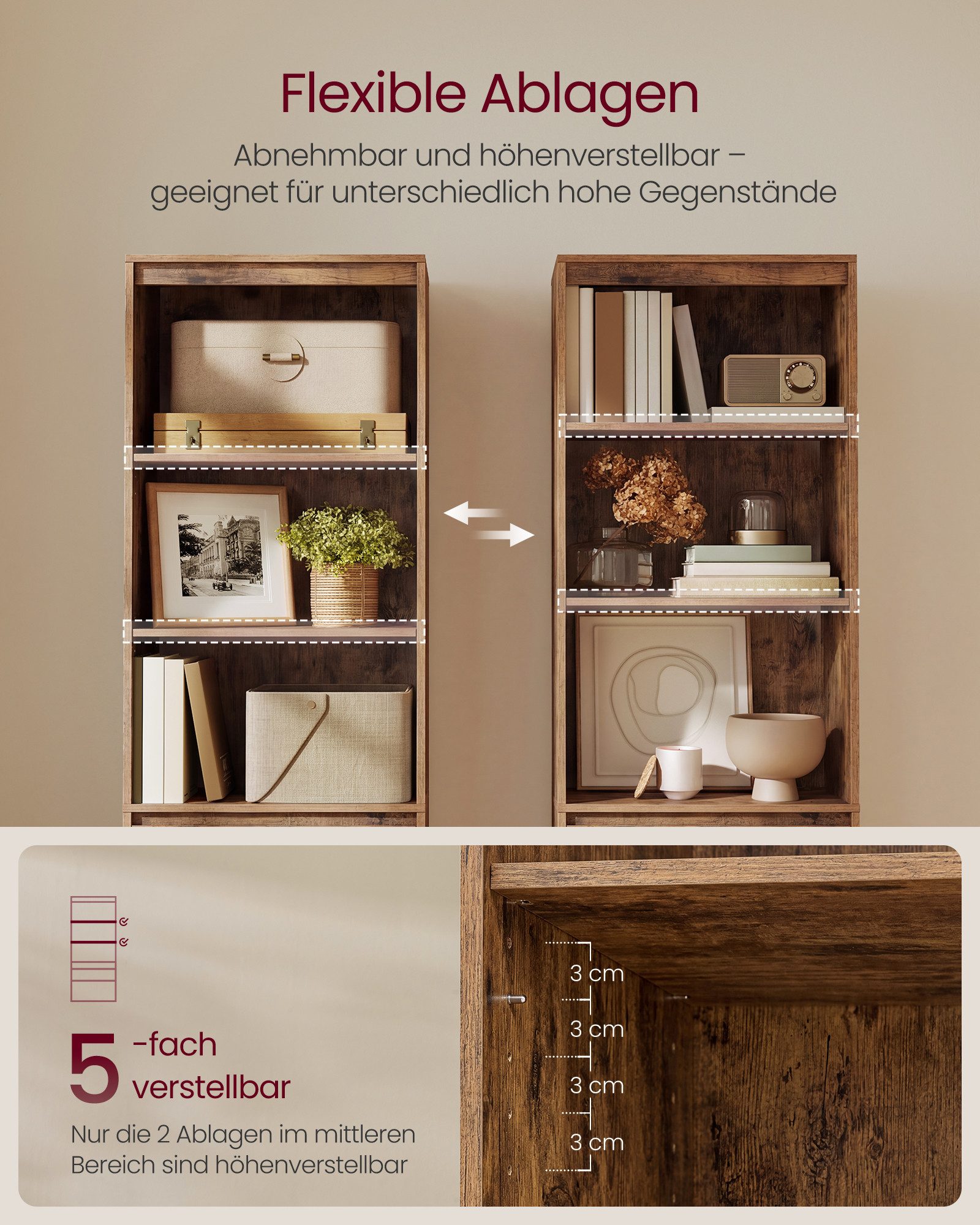 VASAGLE Bücherregal Standregal, Hochschrank, 3 Schubladen, verstellbare Ablagen