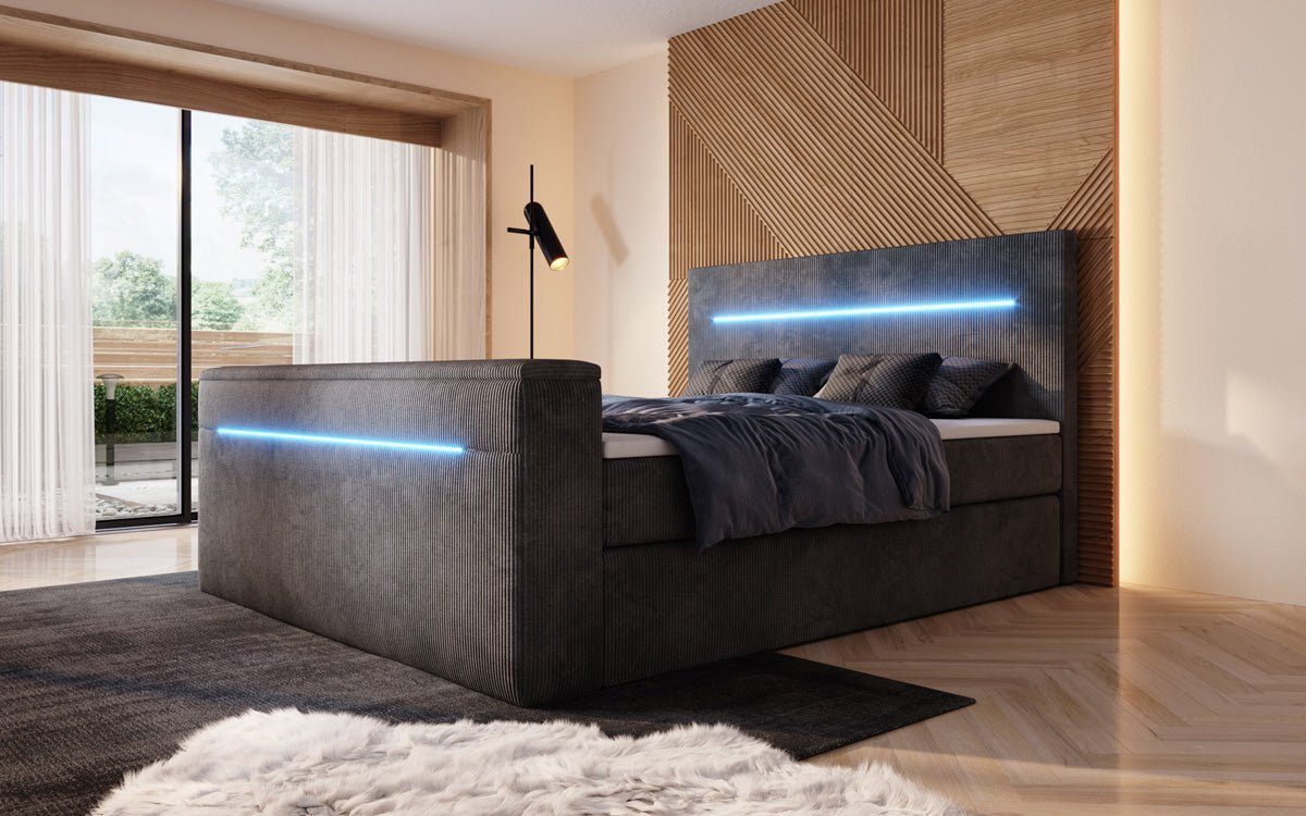 Luxusbetten24 Boxspringbett Sejour, mit TV-Lift, RGB-Beleuchtung und Stauraum