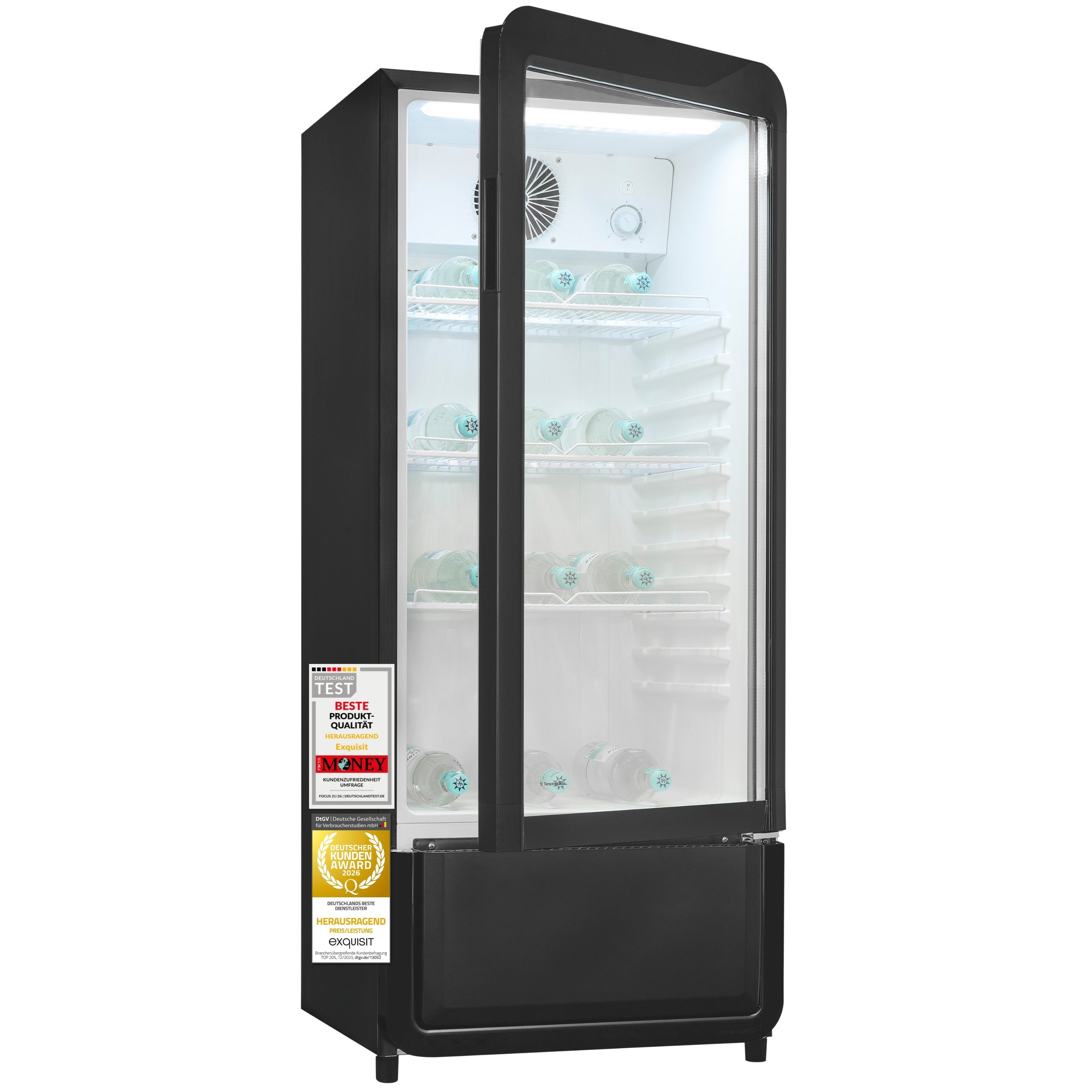 exquisit Getränkekühlschrank GKS180-GT-431D, 132.5 cm hoch, 54 cm breit, 200l Glastürkühlschrank mit LED, Umluftventilator, 3 Ablagen, CoolPro