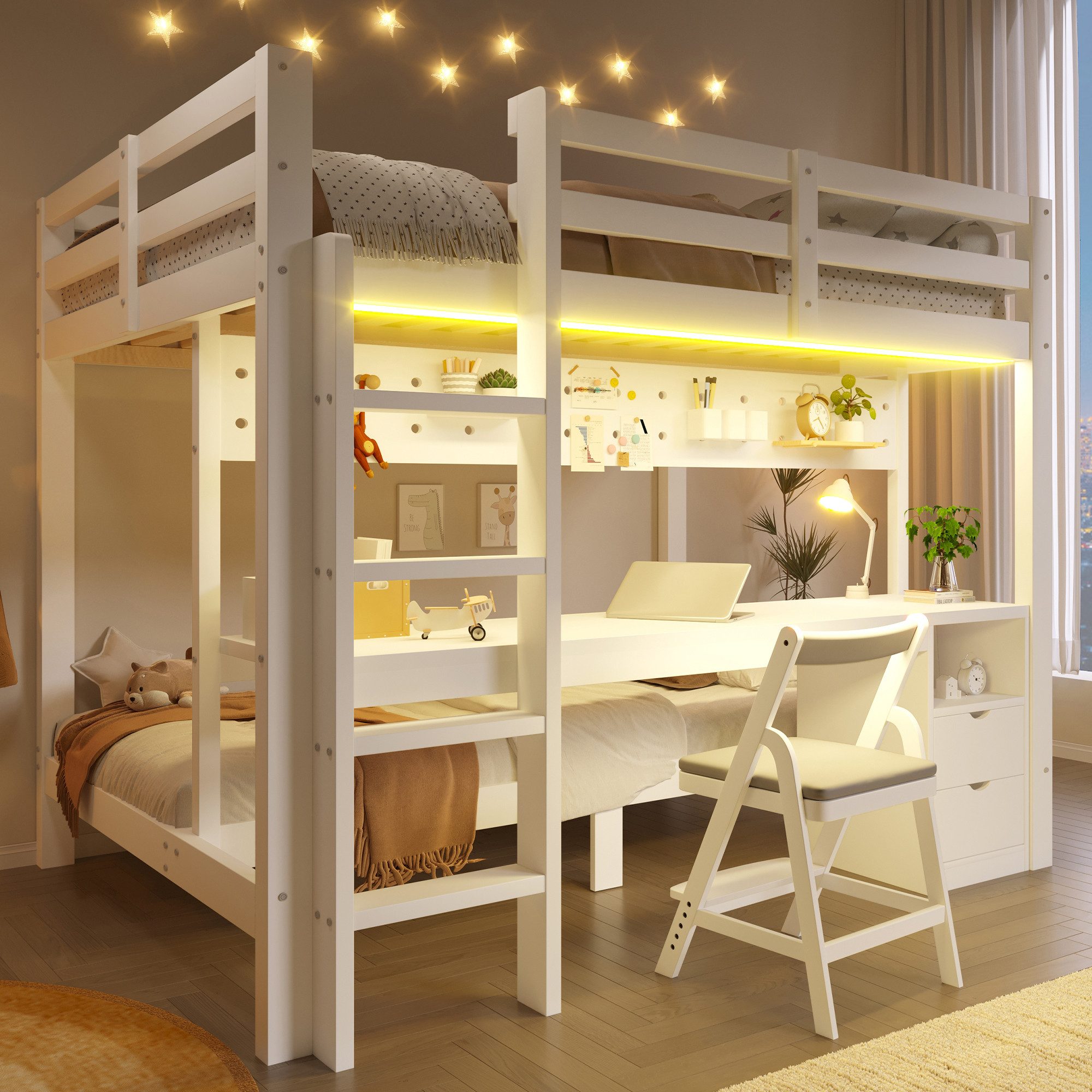 Flieks Etagenbett, Kinderbett 90+140x200cm mit Lichtleiste, Schreibtisch und 2 Schubladen
