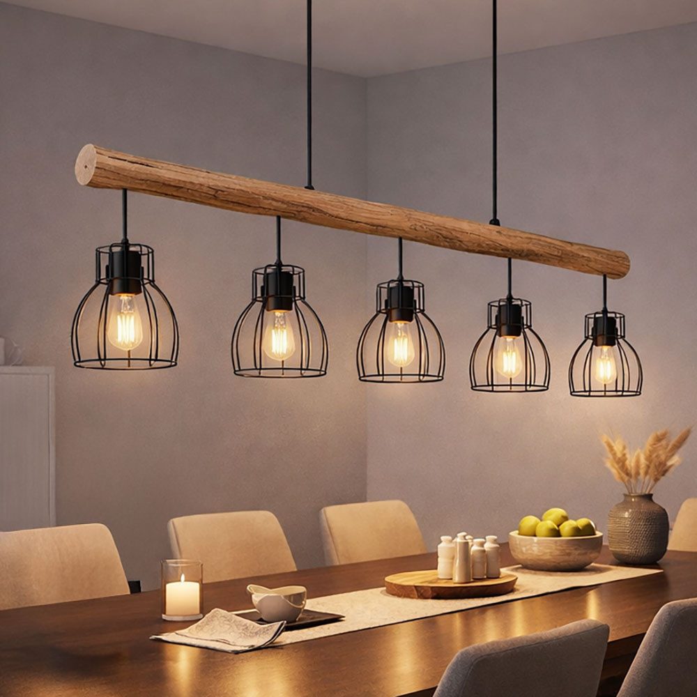 GLOBO LIGHTING Hängeleuchte, Leuchtmittel inklusive, Warmweiß, LED Decken Hängelampe Holzbalken Design Pendelleuchte 5 flammig