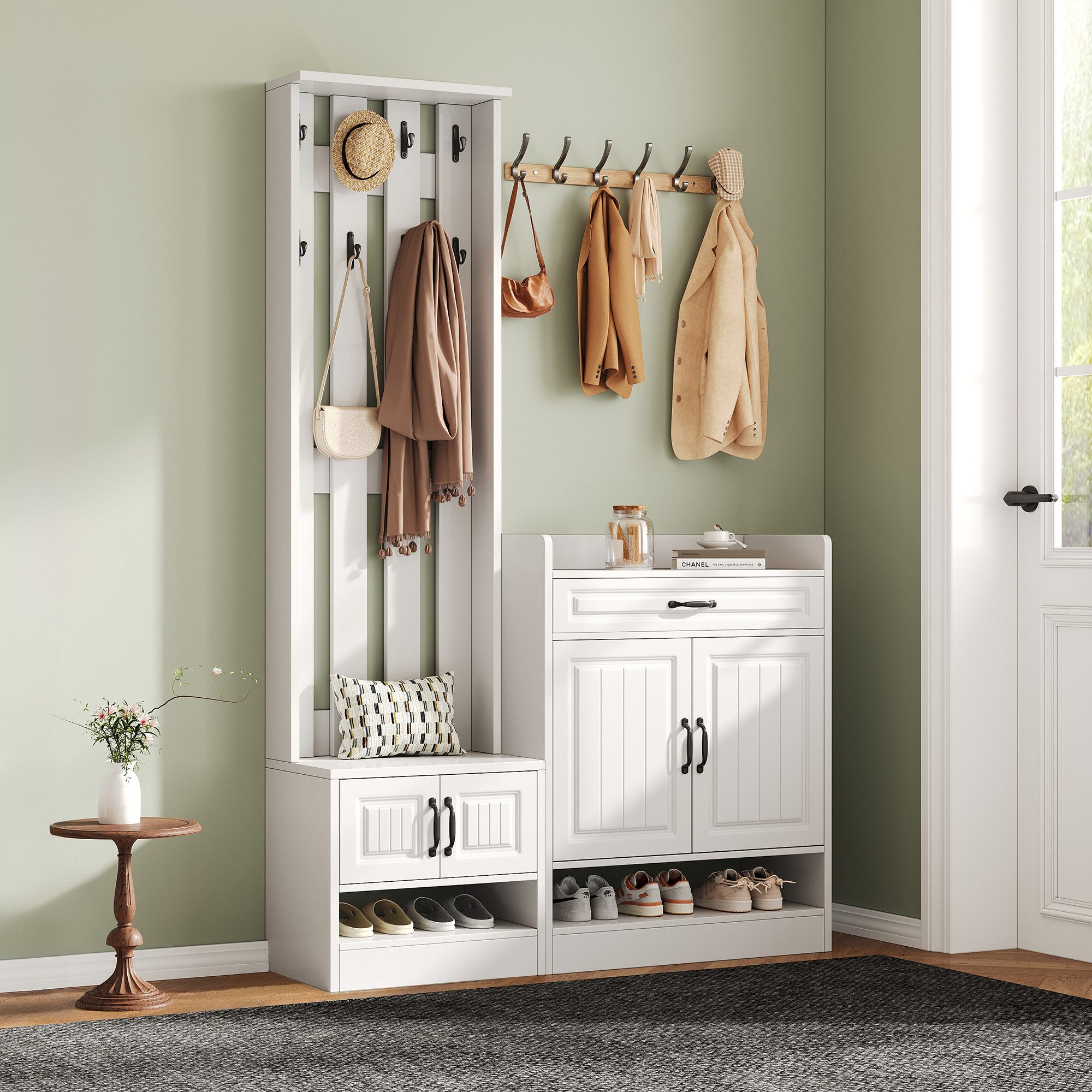 Flieks Garderoben-Set Flurmöbel-Set Schuhschrank Schuhbank Kleiderständer mit 8 Haken, (2-St), Garderobenständer Wandgarderobe Flurschrank Schuhregal Weiß